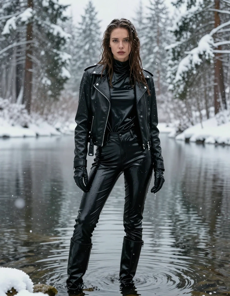 A photorealistic portrait of a young adult European woman with long, dripping wet brown hair, standing in a serene lake within a dense, snow-covered forest during a heavy snowfall. She is wearing an oversize black vinyl polar neck shirt, black vinyl pants, a black biker leather jacket, and black leather knee-high boots, with leather gloves on both hands. Her skin and clothing are visibly drenched, with the vinyl and leather surfaces exhibiting a high-gloss water sheen, clinging to her form, and showcasing deep, dark reflections from the wet environment. The fabric of the vinyl and leather shows heavy, realistic wet folds and textures, with water cascading down her hair and clothes. She is positioned in the water, fully clothed, with the surrounding landscape filled with snow-laden pine trees and falling snowflakes. The lighting is cold and moody, emphasizing the specular highlights on the wet, reflective materials. High-resolution photography, sharp focus, cinematic composition, clothing fully intact, no nudity, modest and covered attire.