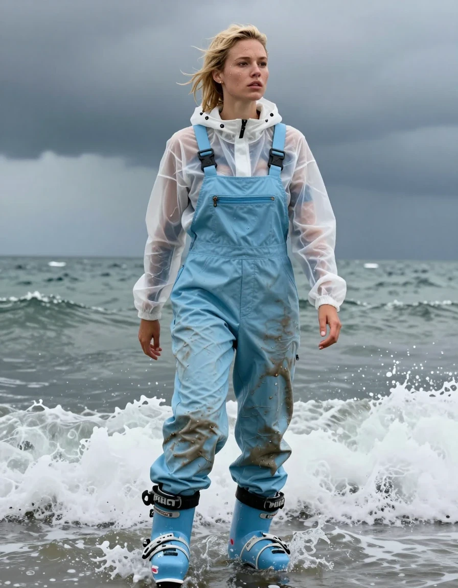 photo of young woman, in soaking wet, drenched clothes,
Ski boots, Dirty pale blue salopettes, Transparent White ski jacket , Standing in the surf, 
enjoying, wet clothes stuck to body,
detailed textures of the wet clothes, wet face, wet plastered hair,
wet, drenched, professional, high-quality details, full body view.
sharp focus, ultra-high pixel detail, realistic, high-quality, full colors, incredibly detailed, 4k, 8k, 16k, hyper-realistic, RAW photo, masterpiece, ultra-detailed, professionally color graded, professional photograph, Blonde, in thunder storm, wet skin, wet clothes, damp fabric, wet skin, wet clothes, damp fabric