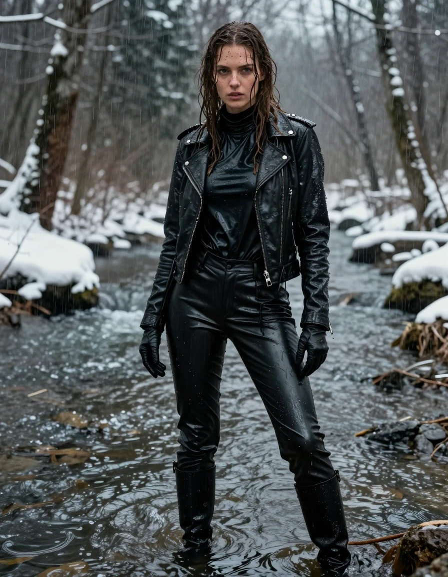 A photorealistic, full-body portrait of a young adult European woman with long dripping wet brown hair, standing in a river within a snow-covered forest during heavy rain. She is drenched, with water sheen on her wet skin and mud splattered across her face and body. She is wearing an oversize black vinyl polar neck shirt, black vinyl pants, a black biker leather jacket, and black leather knee-high boots, with leather gloves on both hands. All garments are heavily soaked, clinging to her body with realistic damp fabric textures, darkened tones, and heavy folds. The environment is dark and moody, with snow-covered trees and a rushing river. High-contrast cinematic lighting, hyper-detailed textures, water droplets, and realistic mud stains. The image maintains strict modesty, ensuring the subject is fully clothed with no nudity.