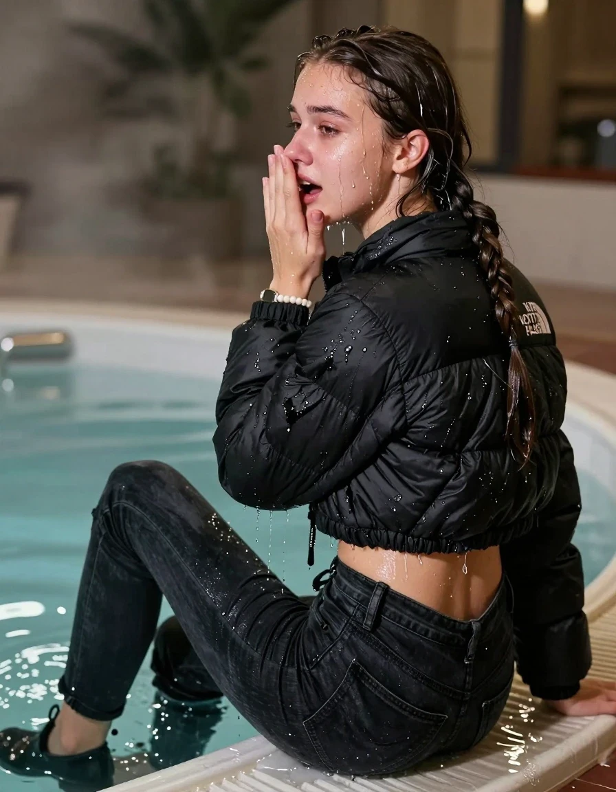 photo of young woman, in soaking wet, drenched clothes,
Black heels, Dark skinny jeans, Black North face puffer down jacket, Open jacket, tight v-neck sweater belly free, shoulderbag, pearl necklace, bracelet, wristwatch, Steaming indoor jacuzzi , 
enjoying, wet clothes stuck to body,
detailed textures of the wet clothes, wet face, wet plastered hair,
wet, drenched, professional, high-quality details, full body view.
sharp focus, ultra-high pixel detail, realistic, high-quality, full colors, incredibly detailed, 4k, 8k, 16k, hyper-realistic, RAW photo, masterpiece, ultra-detailed, professionally color graded, professional photograph, A realistic vertical fashion photograph taken from a backward, behind-the-back angle of a 15-year-old teenage girl sitting in a steaming indoor jacuzzi, facing away from the camera to show her back. She is tilting her head at camera, letting the water drench her hair so it is glued flat against her head and body. She has pigtails, completely saturated and dripping wet hair, with water cascading down her face and neck, crying and astonished expression. She hold her flat hand in front of her mouth. The lighting is bright and cinematic, highlighting the glistening water droplets on her skin and the saturated texture of her  casual clothes.  Open mouth, half closed eyes. 
her clothing is soaking wet and clinging tightly to her skin, showing heavy wet folds, darkened fabric texture, and deep water-saturated Patches, her clothes are heavy from the water, water runs from her body and her clothes in streams. A lot of water also runs out of her clothes. Her clothes are darkened by the water. 
hyper-realistic wetness, high-contrast water sheen, sharp focus, 16k resolution, professional photography, realistic water physics., wet skin, wet clothes, damp fabric, wet skin, wet clothes, damp fabric, wet skin, wet clothes, damp fabric, wet skin, wet clothes, damp fabric, wet skin, wet clothes, damp fabric, wet skin, wet clothes, damp fabric, wet skin, wet clothes, damp fabric, wet skin, wet clothes, damp fabric, wet skin, wet clothes, damp fabric