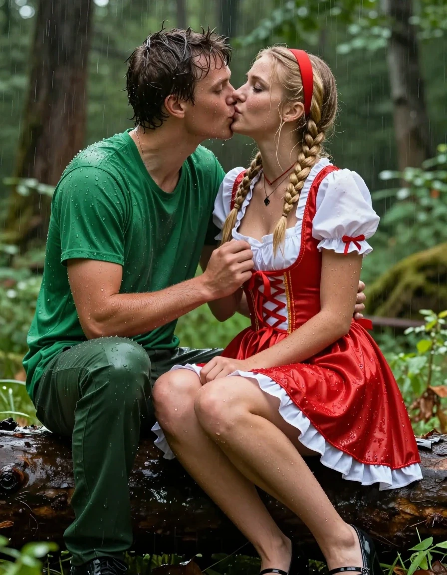 photo of young woman, in soaking wet, drenched clothes,
schwarze Schuhe,, Rotkäppchen Kleid mit Puffärmel, Tiefer grüner Wald, 
enjoying, wet clothes stuck to body,
detailed textures of the wet clothes, wet face, wet plastered hair,
wet, drenched, professional, high-quality details, full body view.
sharp focus, ultra-high pixel detail, realistic, high-quality, full colors, incredibly detailed, 4k, 8k, 16k, hyper-realistic, RAW photo, masterpiece, ultra-detailed, professionally color graded, professional photograph, Fotorealistische Ganzkörperaufnahme eines sehr jungen hübschen Mädchens in einem Rotkäppchen Kleid mit Puffärmel, unter ihrem Kleid trägt sie einen Unterrock aus weißer Seide, sie ist sehr klein und zierlich, sie trägt eine rote Halskette, sie sitzt auf dem Schoss eines jungen Mannes, er ist mit einem grünen T-Shirt und einer grünen Hose bekleidet sie sitzen im starken Regen und werden völlig durchnässt, sie hat blonde lange Zöpfe bis zur Hüfte, sie hatte mittelgroße flache Brüste, im Haar trägt sie ein rotes Haarband, ihr Mund ist dezent rot geschminkt, sie lächelt ihn erregt und einladend an, er küsst sie auf ihre geöffneten Mund und legt eine Hand auf ihren Busen, sie hat einen sinnlichen Gesichtsausdruck., wet skin, wet clothes, damp fabric