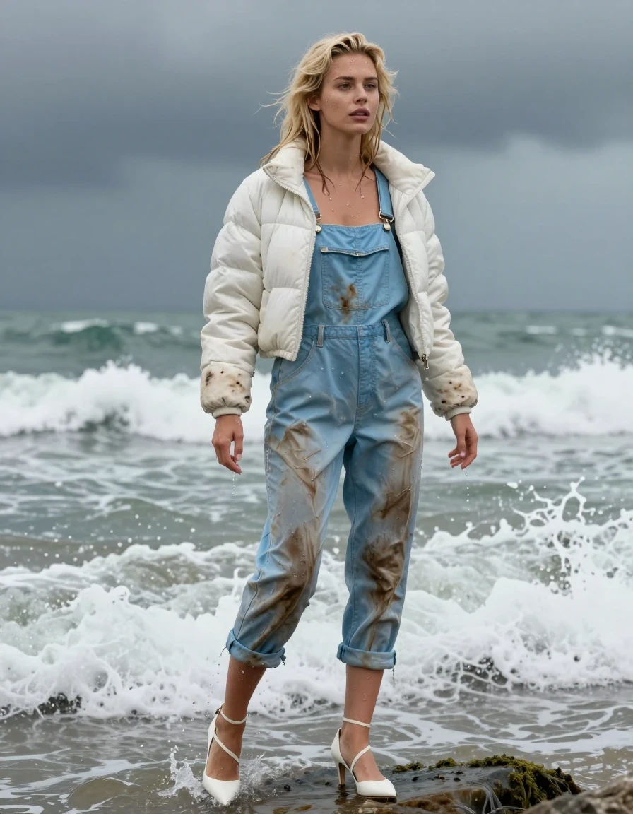 photo of young woman, in soaking wet, drenched clothes,
Strappy white stilettos, Dirty pale blue salopettes, Dirty white puffer jacket , Standing in the surf, 
enjoying, wet clothes stuck to body,
detailed textures of the wet clothes, wet face, wet plastered hair,
wet, drenched, professional, high-quality details, full body view.
sharp focus, ultra-high pixel detail, realistic, high-quality, full colors, incredibly detailed, 4k, 8k, 16k, hyper-realistic, RAW photo, masterpiece, ultra-detailed, professionally color graded, professional photograph, Blonde, in thunder storm, wet skin, wet clothes, damp fabric, wet skin, wet clothes, damp fabric, wet skin, wet clothes, damp fabric