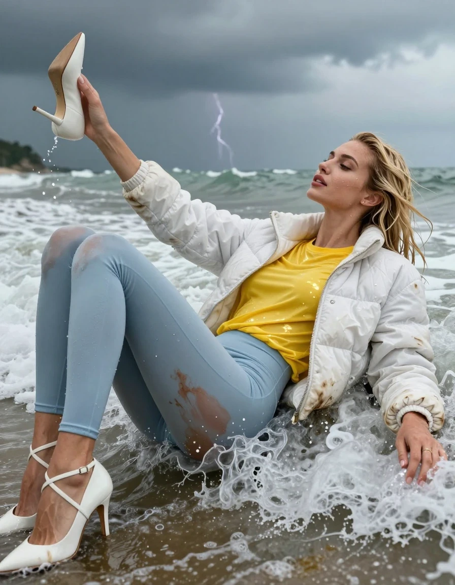photo of young woman, in soaking wet, drenched clothes,
Strappy white stilettos, Dirty pale blue leggings , Very dirty white puffer jacket , shiny yellow t-shirt , Lying back in surf, 
enjoying, wet clothes stuck to body,
detailed textures of the wet clothes, wet face, wet plastered hair,
wet, drenched, professional, high-quality details, full body view.
sharp focus, ultra-high pixel detail, realistic, high-quality, full colors, incredibly detailed, 4k, 8k, 16k, hyper-realistic, RAW photo, masterpiece, ultra-detailed, professionally color graded, professional photograph, Blonde, in thunder storm, wet skin, wet clothes, damp fabric