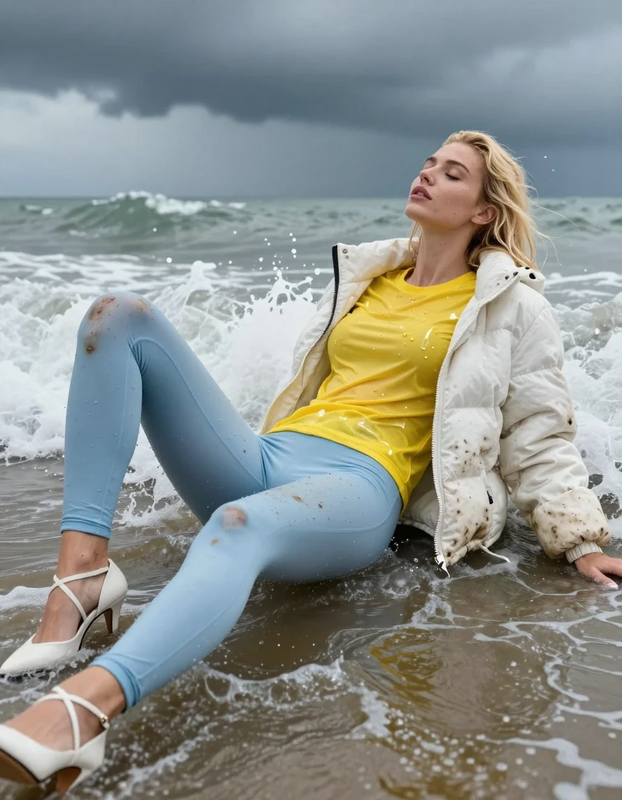 photo of young woman, in soaking wet, drenched clothes,
Strappy white stilettos, Dirty pale blue leggings , Very dirty white puffer jacket , shiny yellow t-shirt , Lying back in surf, 
enjoying, wet clothes stuck to body,
detailed textures of the wet clothes, wet face, wet plastered hair,
wet, drenched, professional, high-quality details, full body view.
sharp focus, ultra-high pixel detail, realistic, high-quality, full colors, incredibly detailed, 4k, 8k, 16k, hyper-realistic, RAW photo, masterpiece, ultra-detailed, professionally color graded, professional photograph, Blonde, in thunder storm, wet skin, wet clothes, damp fabric