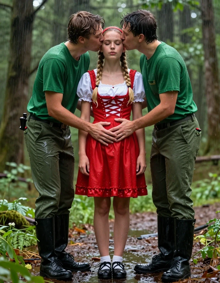 photo of young woman, in soaking wet, drenched clothes,
schwarze Schuhe,, Rotkäppchen Kleid mit Puffärmel, Tiefer grüner Wald, 
enjoying, wet clothes stuck to body,
detailed textures of the wet clothes, wet face, wet plastered hair,
wet, drenched, professional, high-quality details, full body view.
sharp focus, ultra-high pixel detail, realistic, high-quality, full colors, incredibly detailed, 4k, 8k, 16k, hyper-realistic, RAW photo, masterpiece, ultra-detailed, professionally color graded, professional photograph, Fotorealistische Ganzkörperaufnahme eines sehr jungen hübschen Mädchens in einem Rotkäppchen Kleid mit Puffärmel, sie ist sehr klein und zierlich, sie steht im starken Regen ist völlig durchnässt, sie hat blonde lange Zöpfe bis zur Hüfte, im Haar trägt sie ein rotes Haarband, ihr Mund ist dezent rot geschminkt, neben ihr steht ein junger Mann in Försterkleidung mit einer grünen Hose und grünem T-Shirt, er umarmt sie beruhigend und sie lächelt ihn erregt und einladend an, er legt eine Hand auf ihren Bauch und küsst sie zärtlich auf ihren Mund., wet skin, wet clothes, damp fabric
