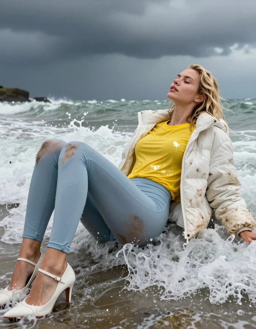 photo of young woman, in soaking wet, drenched clothes,
Strappy white stilettos, Dirty pale blue leggings , Very dirty white puffer jacket , shiny yellow t-shirt , Lying back in surf, 
enjoying, wet clothes stuck to body,
detailed textures of the wet clothes, wet face, wet plastered hair,
wet, drenched, professional, high-quality details, full body view.
sharp focus, ultra-high pixel detail, realistic, high-quality, full colors, incredibly detailed, 4k, 8k, 16k, hyper-realistic, RAW photo, masterpiece, ultra-detailed, professionally color graded, professional photograph, Blonde, in thunder storm, wet skin, wet clothes, damp fabric