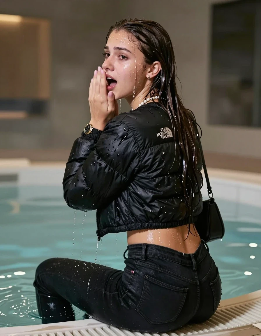 photo of young woman, in soaking wet, drenched clothes,
,  Dark levis skinny jeans, Black North face puffer down jacket, Open jacket, tight v-neck sweater belly free, shoulderbag, pearl necklace, bracelet, wristwatch, Steaming indoor jacuzzi , 
enjoying, wet clothes stuck to body,
detailed textures of the wet clothes, wet face, wet plastered hair,
wet, drenched, professional, high-quality details, full body view.
sharp focus, ultra-high pixel detail, realistic, high-quality, full colors, incredibly detailed, 4k, 8k, 16k, hyper-realistic, RAW photo, masterpiece, ultra-detailed, professionally color graded, professional photograph, A realistic vertical fashion photograph taken from a backward, behind-the-back angle of a 15-year-old teenage girl sitting in a steaming indoor jacuzzi, facing away from the camera to show her back. She holds her hand in front of her mouth. She is tilting her head at camera, letting the water drench her hair so it is glued flat against her head and body. She has Sleek long straight hair, completely saturated and dripping wet hair, with water cascading down her face and neck, shocked crying and astonished expression. The lighting is bright and cinematic, highlighting the glistening water droplets on her skin and the saturated texture of her  casual clothes.  Open mouth. 
her clothing is soaking wet and clinging tightly to her skin, showing heavy wet folds, darkened fabric texture, and deep water-saturated Patches, her clothes are heavy from the water, water runs from her body and her clothes in streams. A lot of water also runs out of her clothes. Her clothes are darkened by the water. 
hyper-realistic wetness, high-contrast water sheen, sharp focus, 16k resolution, professional photography, realistic water physics., wet skin, wet clothes, damp fabric, wet skin, wet clothes, damp fabric, wet skin, wet clothes, damp fabric, wet skin, wet clothes, damp fabric, wet skin, wet clothes, damp fabric, wet skin, wet clothes, damp fabric, wet skin, wet clothes, damp fabric, wet skin, wet clothes, damp fabric, wet skin, wet clothes, damp fabric, wet skin, wet clothes, damp fabric, wet skin, wet clothes, damp fabric, wet skin, wet clothes, damp fabric, wet skin, wet clothes, damp fabric