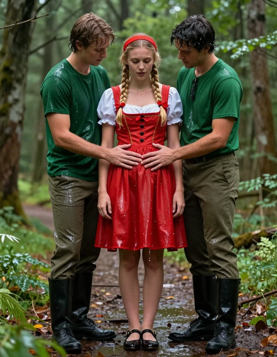 photo of young woman, in soaking wet, drenched clothes,
schwarze Schuhe,, Rotkäppchen Kleid mit Puffärmel, Tiefer grüner Wald, 
enjoying, wet clothes stuck to body,
detailed textures of the wet clothes, wet face, wet plastered hair,
wet, drenched, professional, high-quality details, full body view.
sharp focus, ultra-high pixel detail, realistic, high-quality, full colors, incredibly detailed, 4k, 8k, 16k, hyper-realistic, RAW photo, masterpiece, ultra-detailed, professionally color graded, professional photograph, Fotorealistische Ganzkörperaufnahme eines sehr jungen hübschen Mädchens in einem Rotkäppchen Kleid mit Puffärmel, sie steht im starken Regen ist völlig durchnässt, sie hat blonde lange Zöpfe bis zur Hüfte, im Haar trägt sie ein rotes Haarband, ihr Mund ist dezent rot geschminkt, neben ihr steht ein junger Mann in Försterkleidung mit einer grünen Hose und grünem T-Shirt, er umarmt sie beruhigend und sie lächelt ihn freundlich an, er legt eine Hand auf ihren Bauch., wet skin, wet clothes, damp fabric