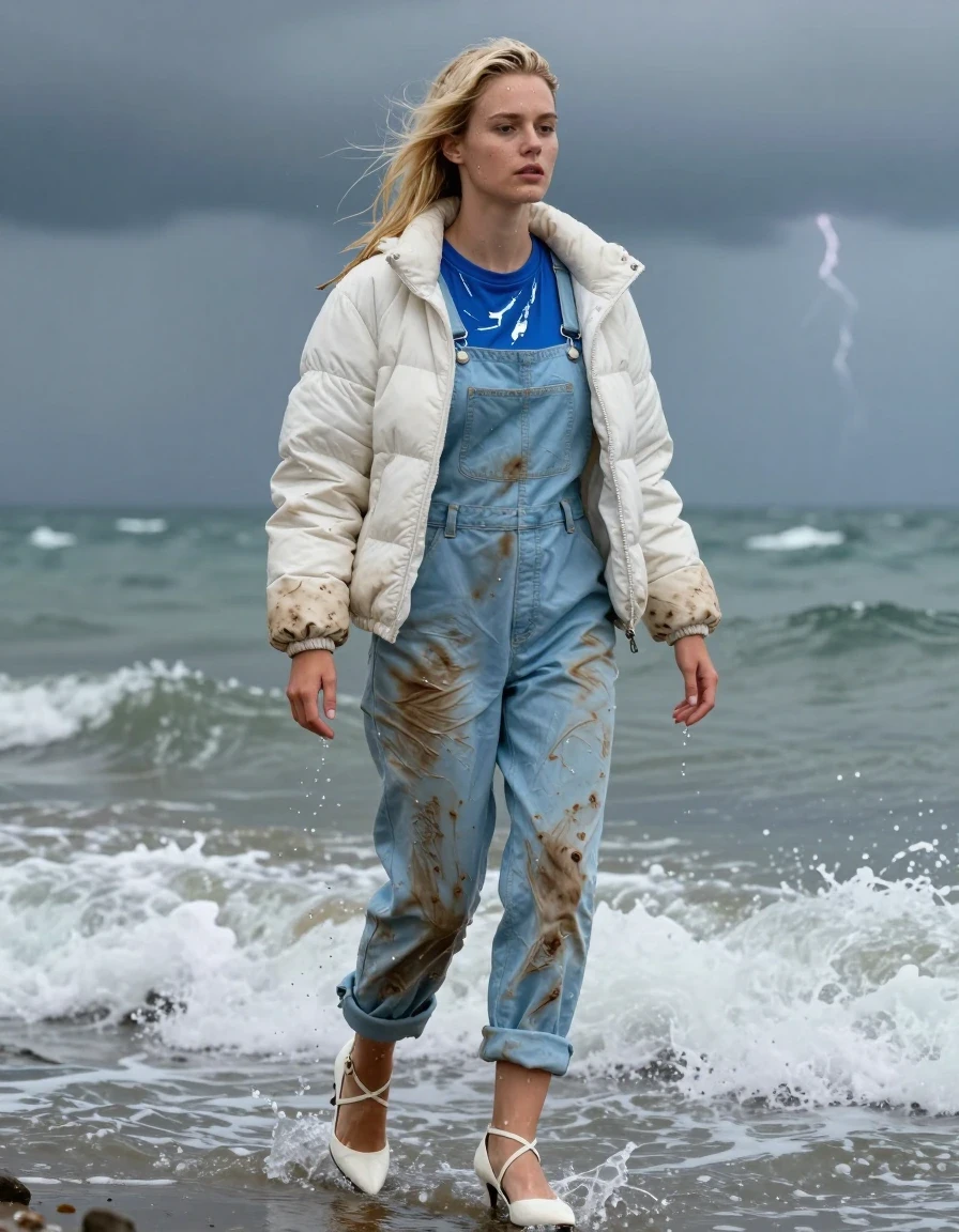 photo of young woman, in soaking wet, drenched clothes,
Strappy white stilettos, Dirty pale blue salopettes, Very dirty white puffer jacket , shiny blue t-shirt , Standing in the surf, 
enjoying, wet clothes stuck to body,
detailed textures of the wet clothes, wet face, wet plastered hair,
wet, drenched, professional, high-quality details, full body view.
sharp focus, ultra-high pixel detail, realistic, high-quality, full colors, incredibly detailed, 4k, 8k, 16k, hyper-realistic, RAW photo, masterpiece, ultra-detailed, professionally color graded, professional photograph, Blonde, in thunder storm, wet skin, wet clothes, damp fabric, wet skin, wet clothes, damp fabric, wet skin, wet clothes, damp fabric
