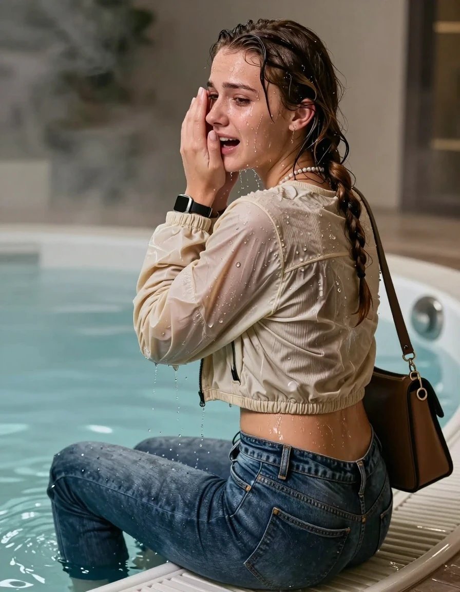 photo of young woman, in soaking wet, drenched clothes,
,  levis skinny jeans, Beige North face puffer down jacket, Open jacket, tight v-neck sweater belly free, shoulderbag, pearl necklace, bracelet, wristwatch, Steaming indoor jacuzzi , 
enjoying, wet clothes stuck to body,
detailed textures of the wet clothes, wet face, wet plastered hair,
wet, drenched, professional, high-quality details, full body view.
sharp focus, ultra-high pixel detail, realistic, high-quality, full colors, incredibly detailed, 4k, 8k, 16k, hyper-realistic, RAW photo, masterpiece, ultra-detailed, professionally color graded, professional photograph, A realistic vertical fashion photograph taken from a backward, behind-the-back angle of a 15-year-old teenage girl sitting in a steaming indoor jacuzzi, facing away from the camera to show her back. She holds her hands over her face. She is tilting her head at camera, letting the water drench her hair so it is glued flat against her head and body. She has dark auburn pigtails, completely saturated and dripping wet hair, with water cascading down her face and neck, crying and astonished expression. The lighting is bright and cinematic, highlighting the glistening water droplets on her skin and the saturated texture of her  casual clothes.  Open mouth, half closed eyes. 
her clothing is soaking wet and clinging tightly to her skin, showing heavy wet folds, darkened fabric texture, and deep water-saturated Patches, her clothes are heavy from the water, water runs from her body and her clothes in streams. A lot of water also runs out of her clothes. Her clothes are darkened by the water. 
hyper-realistic wetness, high-contrast water sheen, sharp focus, 16k resolution, professional photography, realistic water physics., wet skin, wet clothes, damp fabric, wet skin, wet clothes, damp fabric, wet skin, wet clothes, damp fabric, wet skin, wet clothes, damp fabric, wet skin, wet clothes, damp fabric, wet skin, wet clothes, damp fabric, wet skin, wet clothes, damp fabric, wet skin, wet clothes, damp fabric, wet skin, wet clothes, damp fabric, wet skin, wet clothes, damp fabric, wet skin, wet clothes, damp fabric, wet skin, wet clothes, damp fabric