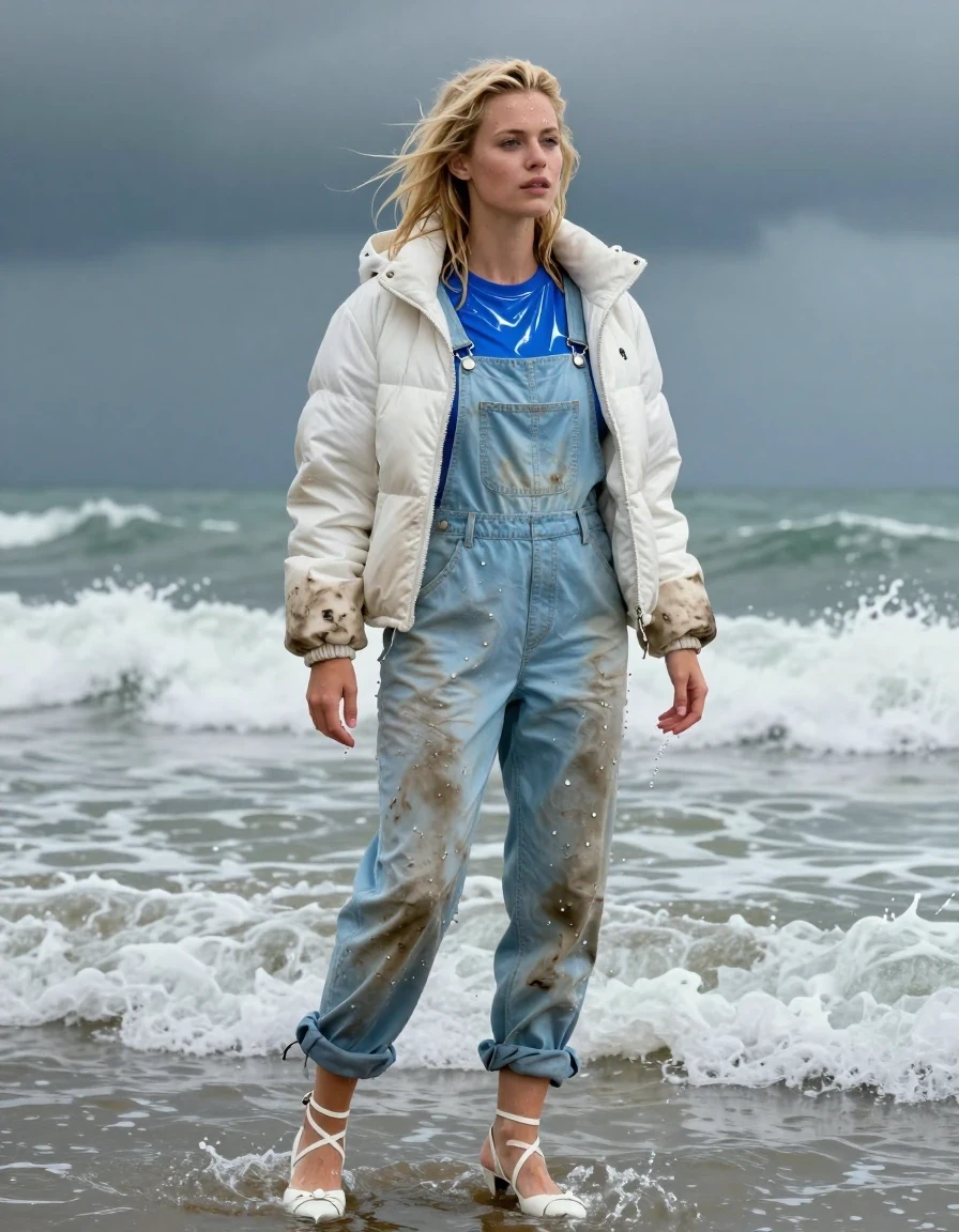 photo of young woman, in soaking wet, drenched clothes,
Strappy white stilettos, Dirty pale blue salopettes, Very dirty white puffer jacket , shiny blue t-shirt , Standing in the surf, 
enjoying, wet clothes stuck to body,
detailed textures of the wet clothes, wet face, wet plastered hair,
wet, drenched, professional, high-quality details, full body view.
sharp focus, ultra-high pixel detail, realistic, high-quality, full colors, incredibly detailed, 4k, 8k, 16k, hyper-realistic, RAW photo, masterpiece, ultra-detailed, professionally color graded, professional photograph, Blonde, in thunder storm, wet skin, wet clothes, damp fabric, wet skin, wet clothes, damp fabric, wet skin, wet clothes, damp fabric