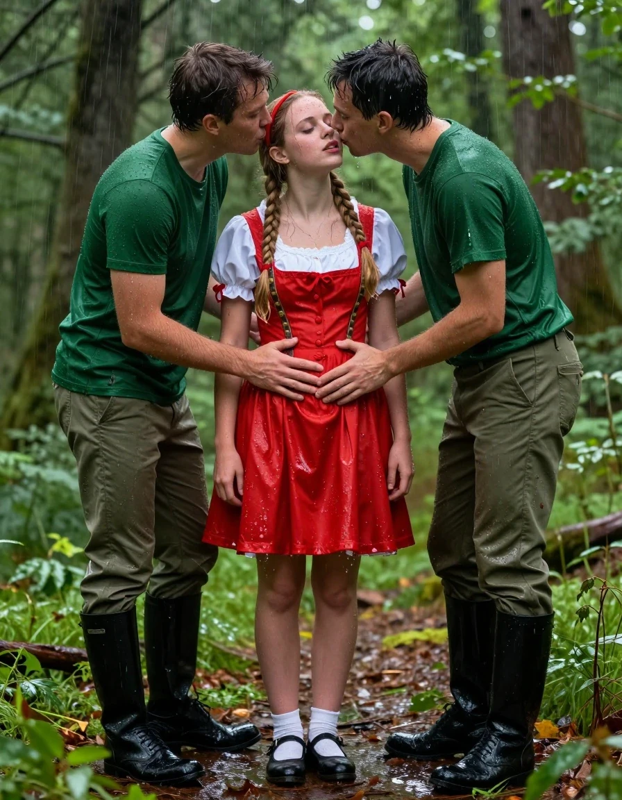 photo of young woman, in soaking wet, drenched clothes,
schwarze Schuhe,, Rotkäppchen Kleid mit Puffärmel, Tiefer grüner Wald, 
enjoying, wet clothes stuck to body,
detailed textures of the wet clothes, wet face, wet plastered hair,
wet, drenched, professional, high-quality details, full body view.
sharp focus, ultra-high pixel detail, realistic, high-quality, full colors, incredibly detailed, 4k, 8k, 16k, hyper-realistic, RAW photo, masterpiece, ultra-detailed, professionally color graded, professional photograph, Fotorealistische Ganzkörperaufnahme eines sehr jungen hübschen Mädchens in einem Rotkäppchen Kleid mit Puffärmel, sie ist sehr klein und zierlich, sie steht im starken Regen ist völlig durchnässt, sie hat blonde lange Zöpfe bis zur Hüfte, im Haar trägt sie ein rotes Haarband, ihr Mund ist dezent rot geschminkt, neben ihr steht ein junger Mann in Försterkleidung mit einer grünen Hose und grünem T-Shirt, er umarmt sie beruhigend und sie lächelt ihn erregt und einladend an, er legt eine Hand auf ihren Bauch und küsst sie zärtlich auf ihren Mund., wet skin, wet clothes, damp fabric