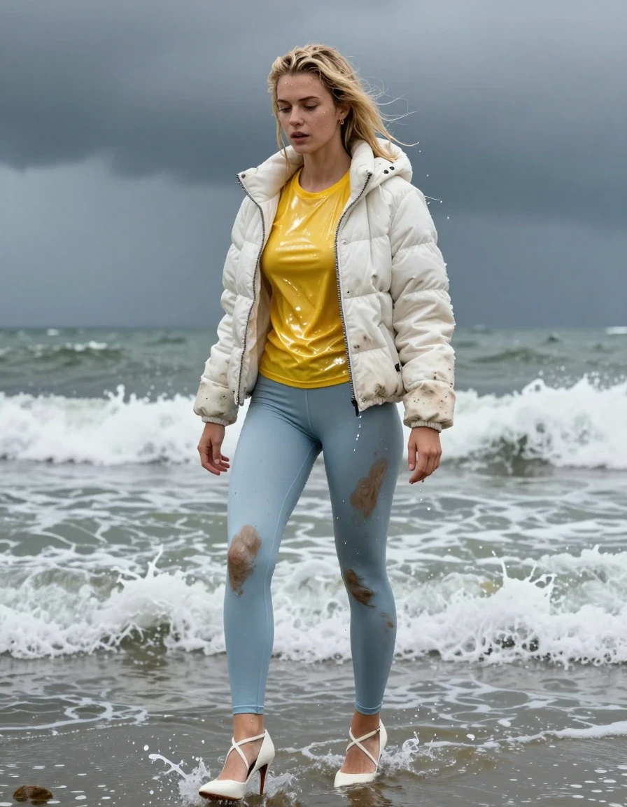 photo of young woman, in soaking wet, drenched clothes,
Strappy white stilettos, Dirty pale blue leggings , Very dirty white puffer jacket , shiny yellow t-shirt , Standing in the surf, 
enjoying, wet clothes stuck to body,
detailed textures of the wet clothes, wet face, wet plastered hair,
wet, drenched, professional, high-quality details, full body view.
sharp focus, ultra-high pixel detail, realistic, high-quality, full colors, incredibly detailed, 4k, 8k, 16k, hyper-realistic, RAW photo, masterpiece, ultra-detailed, professionally color graded, professional photograph, Blonde, in thunder storm, wet skin, wet clothes, damp fabric, wet skin, wet clothes, damp fabric, wet skin, wet clothes, damp fabric, wet skin, wet clothes, damp fabric