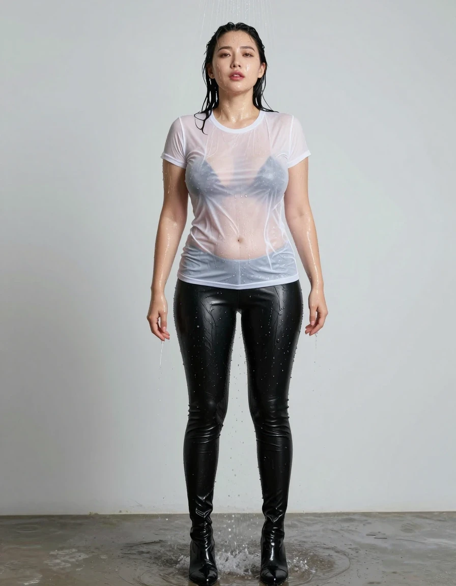 photo of young woman, in soaking wet, drenched clothes,
high heels leather boot, leather leggings, white transparent t-shirt, standing in shower, 
enjoying, wet clothes stuck to body,
detailed textures of the wet clothes, wet face, wet plastered hair,
wet, drenched, professional, high-quality details, full body view.
sharp focus, ultra-high pixel detail, realistic, high-quality, full colors, incredibly detailed, 4k, 8k, 16k, hyper-realistic, RAW photo, masterpiece, ultra-detailed, professionally color graded, professional photograph, 20 years old big boobs korean girl, wet skin, wet clothes, damp fabric, wet skin, wet clothes, damp fabric