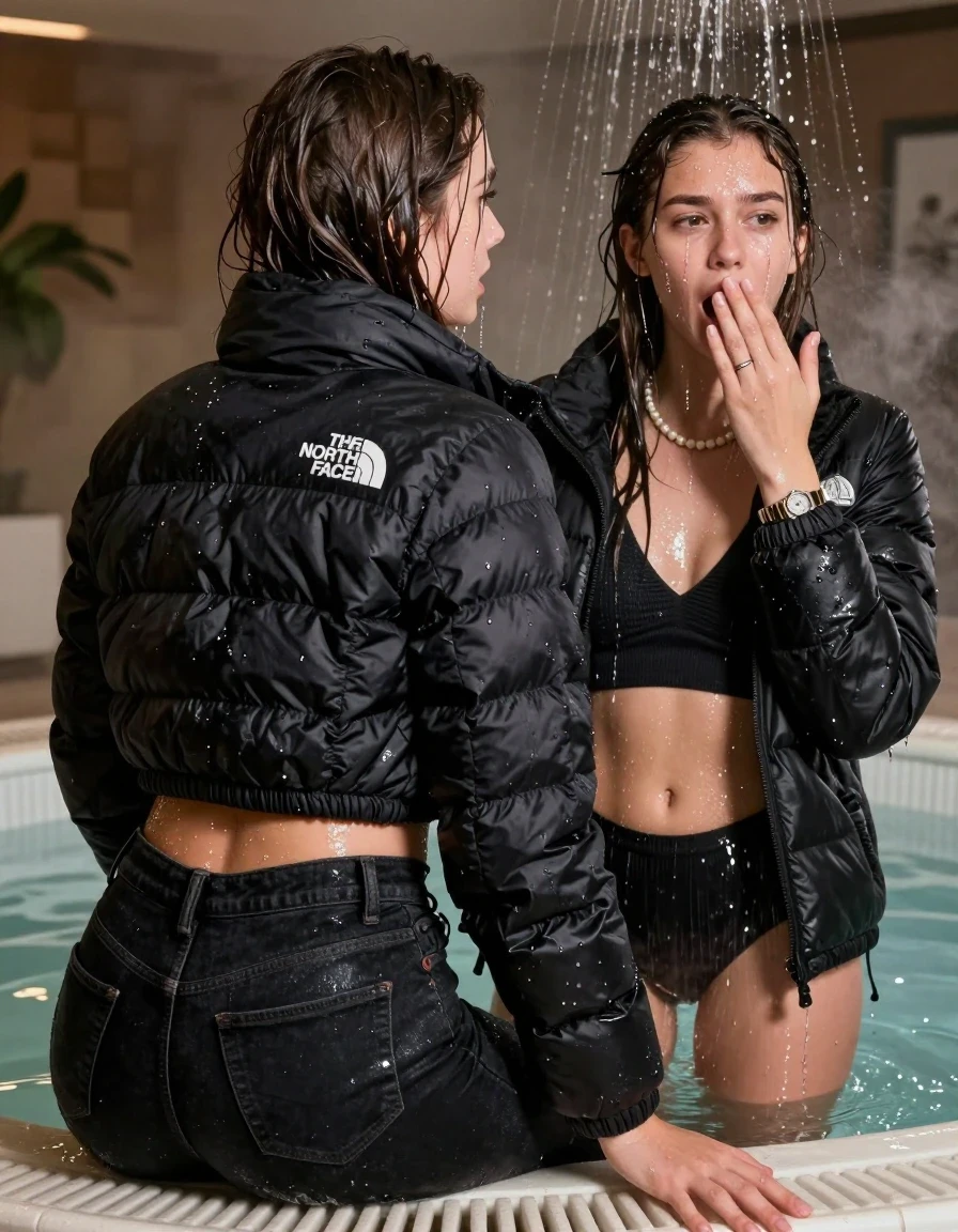 photo of young woman, in soaking wet, drenched clothes,
,  Dark levis skinny jeans, Black North face puffer down jacket, Open jacket, tight v-neck sweater belly free, shoulderbag, pearl necklace, bracelet, wristwatch, Steaming indoor jacuzzi , 
enjoying, wet clothes stuck to body,
detailed textures of the wet clothes, wet face, wet plastered hair,
wet, drenched, professional, high-quality details, full body view.
sharp focus, ultra-high pixel detail, realistic, high-quality, full colors, incredibly detailed, 4k, 8k, 16k, hyper-realistic, RAW photo, masterpiece, ultra-detailed, professionally color graded, professional photograph, A realistic vertical fashion photograph taken from a backward, behind-the-back angle of a 15-year-old teenage girl and her friend sitting in a steaming indoor jacuzzi, facing away from the camera to show her back. She holds her hand in front of her mouth. She is tilting her head at camera, letting the water drench her hair so it is glued flat against her head and body. She has Sleek long straight hair, completely saturated and dripping wet hair, with water cascading down her face and neck, shocked crying and astonished expression. The lighting is bright and cinematic, highlighting the glistening water droplets on her skin and the saturated texture of her  casual clothes.  Open mouth. 
her clothing is soaking wet and clinging tightly to her skin, showing heavy wet folds, darkened fabric texture, and deep water-saturated Patches, her clothes are heavy from the water, water runs from her body and her clothes in streams. A lot of water also runs out of her clothes. Her clothes are darkened by the water. 
hyper-realistic wetness, high-contrast water sheen, sharp focus, 16k resolution, professional photography, realistic water physics., wet skin, wet clothes, damp fabric, wet skin, wet clothes, damp fabric, wet skin, wet clothes, damp fabric, wet skin, wet clothes, damp fabric, wet skin, wet clothes, damp fabric, wet skin, wet clothes, damp fabric, wet skin, wet clothes, damp fabric, wet skin, wet clothes, damp fabric, wet skin, wet clothes, damp fabric, wet skin, wet clothes, damp fabric, wet skin, wet clothes, damp fabric, wet skin, wet clothes, damp fabric