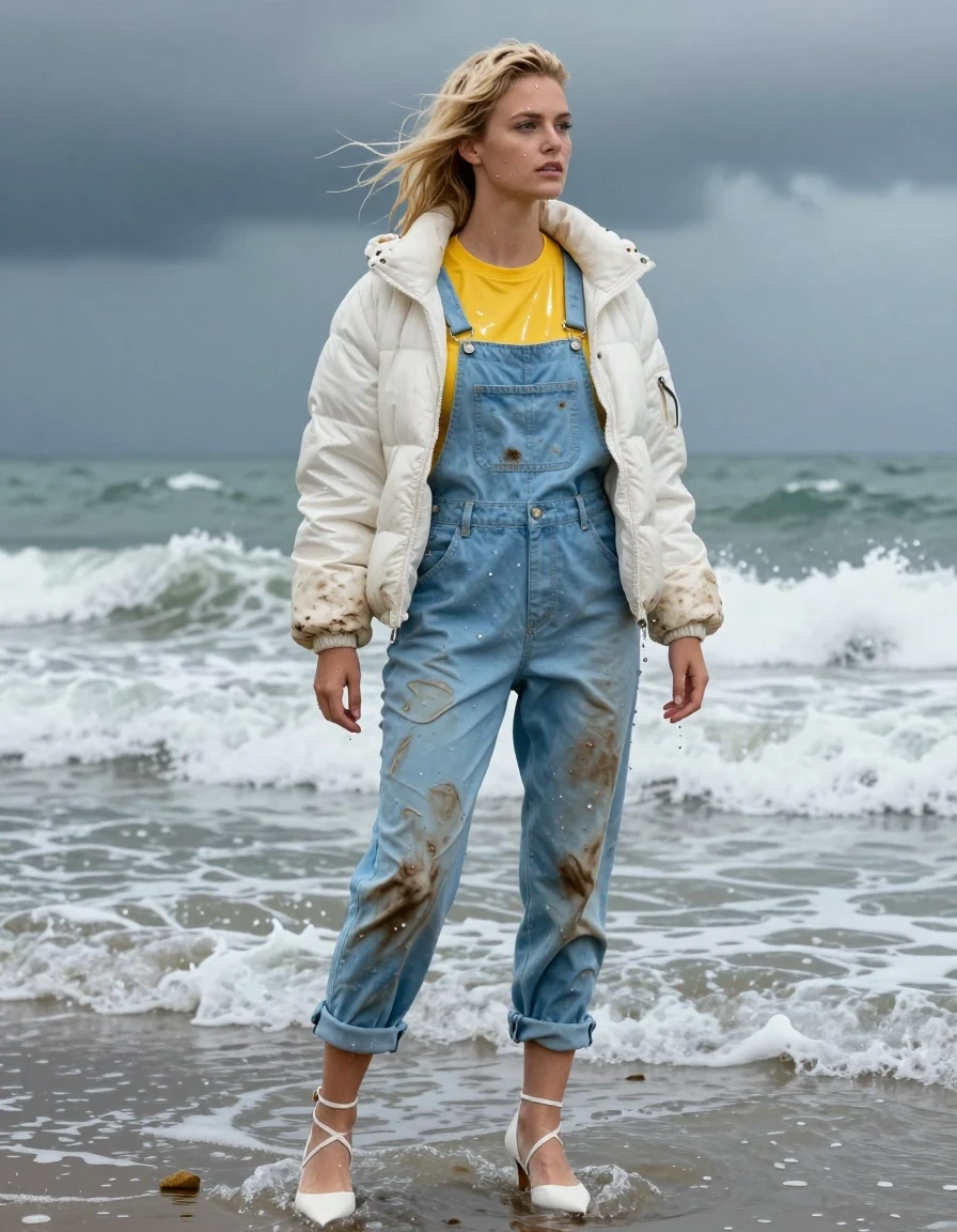 photo of young woman, in soaking wet, drenched clothes,
Strappy white stilettos, Dirty pale blue salopettes, Very dirty white puffer jacket , shiny yellow t-shirt , Standing in the surf, 
enjoying, wet clothes stuck to body,
detailed textures of the wet clothes, wet face, wet plastered hair,
wet, drenched, professional, high-quality details, full body view.
sharp focus, ultra-high pixel detail, realistic, high-quality, full colors, incredibly detailed, 4k, 8k, 16k, hyper-realistic, RAW photo, masterpiece, ultra-detailed, professionally color graded, professional photograph, Blonde, in thunder storm, wet skin, wet clothes, damp fabric, wet skin, wet clothes, damp fabric, wet skin, wet clothes, damp fabric, wet skin, wet clothes, damp fabric
