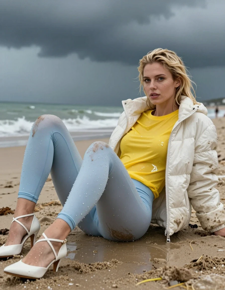 photo of young woman, in soaking wet, drenched clothes,
Strappy white stilettos, Dirty pale blue leggings , Very dirty white puffer jacket , shiny yellow t-shirt , Lying on beach, 
enjoying, wet clothes stuck to body,
detailed textures of the wet clothes, wet face, wet plastered hair,
wet, drenched, professional, high-quality details, full body view.
sharp focus, ultra-high pixel detail, realistic, high-quality, full colors, incredibly detailed, 4k, 8k, 16k, hyper-realistic, RAW photo, masterpiece, ultra-detailed, professionally color graded, professional photograph, Blonde, in thunder storm, wet skin, wet clothes, damp fabric