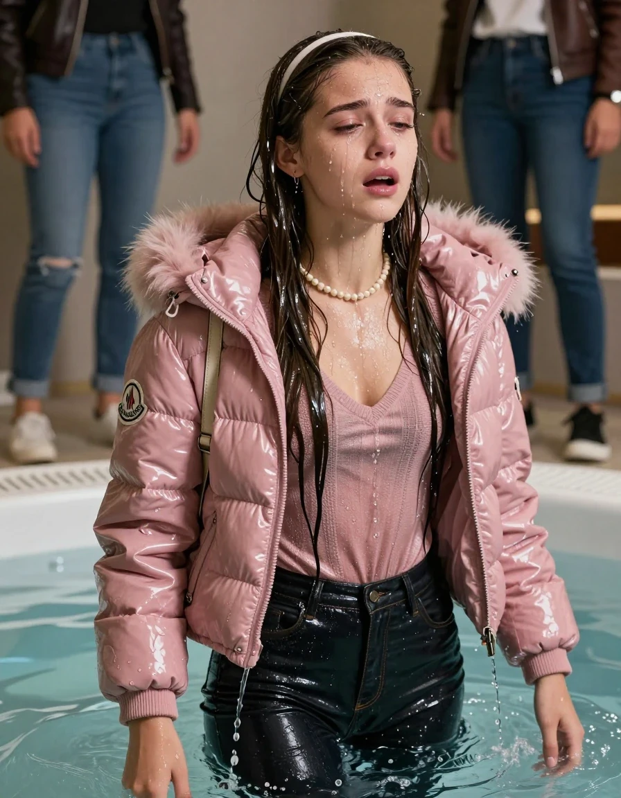 photo of young woman, in soaking wet, drenched clothes,
, Dark skinny jeans, Pink Moncler shiny puffer down jacket with fur, Open jacket, tight v-neck sweater, shoulderbag, pearl necklace, bracelet, wristwatch, Steaming indoor jacuzzi , 
enjoying, wet clothes stuck to body,
detailed textures of the wet clothes, wet face, wet plastered hair,
wet, drenched, professional, high-quality details, full body view.
sharp focus, ultra-high pixel detail, realistic, high-quality, full colors, incredibly detailed, 4k, 8k, 16k, hyper-realistic, RAW photo, masterpiece, ultra-detailed, professionally color graded, professional photograph, A realistic vertical fashion photograph taken from a backward, behind-the-back angle of a 15-year-old teenage girl sitting in a steaming indoor jacuzzi, facing away from the camera to show her back. She is tilting her head at camera, letting the water drench her hair so it is glued flat against her head and body. She has Sleek  straight long hair with hairband, completely saturated and dripping wet hair, with water cascading down her face and neck, crying and astonished expression. The lighting is bright and cinematic, highlighting the glistening water droplets on her skin and the saturated texture of her  casual clothes.  Open mouth, half closed eyes. 
A shocked friend wearing a leatherjacket and skinny jeans watching her.
her clothing is soaking wet and clinging tightly to her skin, showing heavy wet folds, darkened fabric texture, and deep water-saturated Patches, her clothes are heavy from the water, water runs from her body and her clothes in streams. A lot of water also runs out of her clothes. Her clothes are darkened by the water. 
hyper-realistic wetness, high-contrast water sheen, sharp focus, 16k resolution, professional photography, realistic water physics., wet skin, wet clothes, damp fabric, wet skin, wet clothes, damp fabric, wet skin, wet clothes, damp fabric, wet skin, wet clothes, damp fabric, wet skin, wet clothes, damp fabric, wet skin, wet clothes, damp fabric, wet skin, wet clothes, damp fabric, wet skin, wet clothes, damp fabric, wet skin, wet clothes, damp fabric