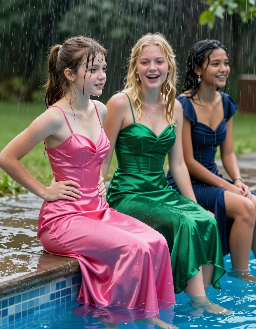 photo of young woman, in soaking wet, drenched clothes,
, , prom satin dress, girls sitting on the edge of a pool in the pouring rain, 
enjoying, wet clothes stuck to body,
detailed textures of the wet clothes, wet face, wet plastered hair,
wet, drenched, professional, high-quality details, full body view.
sharp focus, ultra-high pixel detail, realistic, high-quality, full colors, incredibly detailed, 4k, 8k, 16k, hyper-realistic, RAW photo, masterpiece, ultra-detailed, professionally color graded, professional photograph, Small young college girls both having fun together. Small bodies, All a similar age, a small nineteen year old girl, with a flat and slim body, skinny body, flat and skinny chest, a She has a wide square young face but a small very skinny waist and skinny legs, a very small chest and very small breasts, she is a pale brunette with ponytail and bangs. She has a small body, She is full of youthful energy. wearing a bright pink formal satin cocktail dress with a closed neckline, a fit top and a loose base, she has her hands on her hips,. Her friend has blonde hair and large size DD breasts,a wide square face, she is wearing a green satin strapless prom dress. The third girl is 19, with a tan complexion and dark black hair, she is wearing a blue satin gown, The 4th girl is brunette with a small body and thin legs, she is wearing a black cocktail dress with short sleeve, all of them except the blonde girl have very small breasts. wet skin, wet clothes, damp fabric,, wet skin, wet clothes, damp fabric, wet skin, wet clothes, damp fabric, wet skin, wet clothes, damp fabric, wet skin, wet clothes, damp fabric, wet skin, wet clothes, damp fabric, wet skin, wet clothes, damp fabric