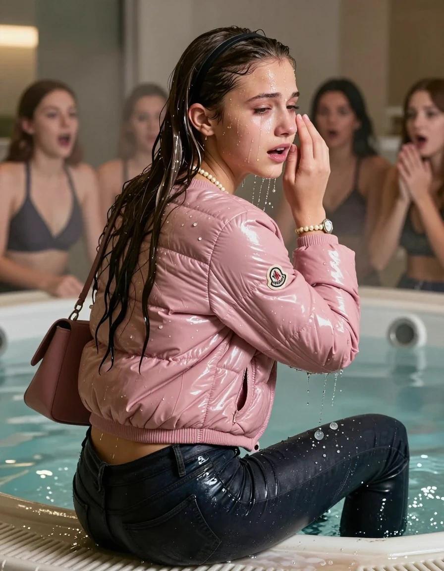 photo of young woman, in soaking wet, drenched clothes,
, Dark skinny jeans, Pink Moncler shiny puffer down jacket with fur, Open jacket, tight v-neck sweater, shoulderbag, pearl necklace, bracelet, wristwatch, Steaming indoor jacuzzi , 
enjoying, wet clothes stuck to body,
detailed textures of the wet clothes, wet face, wet plastered hair,
wet, drenched, professional, high-quality details, full body view.
sharp focus, ultra-high pixel detail, realistic, high-quality, full colors, incredibly detailed, 4k, 8k, 16k, hyper-realistic, RAW photo, masterpiece, ultra-detailed, professionally color graded, professional photograph, A realistic vertical fashion photograph taken from a backward, behind-the-back angle of a 15-year-old teenage girl sitting in a steaming indoor jacuzzi, facing away from the camera to show her back. She hold her hand on her face. She is tilting her head at camera, letting the water drench her hair so it is glued flat against her head and body. She has Sleek  straight long hair with hairband, completely saturated and dripping wet hair, with water cascading down her face and neck, crying and astonished expression. The lighting is bright and cinematic, highlighting the glistening water droplets on her skin and the saturated texture of her  casual clothes.  Open mouth, half closed eyes. 
A group of friends in the background looking shocked at her.
her clothing is soaking wet and clinging tightly to her skin, showing heavy wet folds, darkened fabric texture, and deep water-saturated Patches, her clothes are heavy from the water, water runs from her body and her clothes in streams. A lot of water also runs out of her clothes. Her clothes are darkened by the water. 
hyper-realistic wetness, high-contrast water sheen, sharp focus, 16k resolution, professional photography, realistic water physics., wet skin, wet clothes, damp fabric, wet skin, wet clothes, damp fabric, wet skin, wet clothes, damp fabric, wet skin, wet clothes, damp fabric, wet skin, wet clothes, damp fabric, wet skin, wet clothes, damp fabric, wet skin, wet clothes, damp fabric, wet skin, wet clothes, damp fabric, wet skin, wet clothes, damp fabric