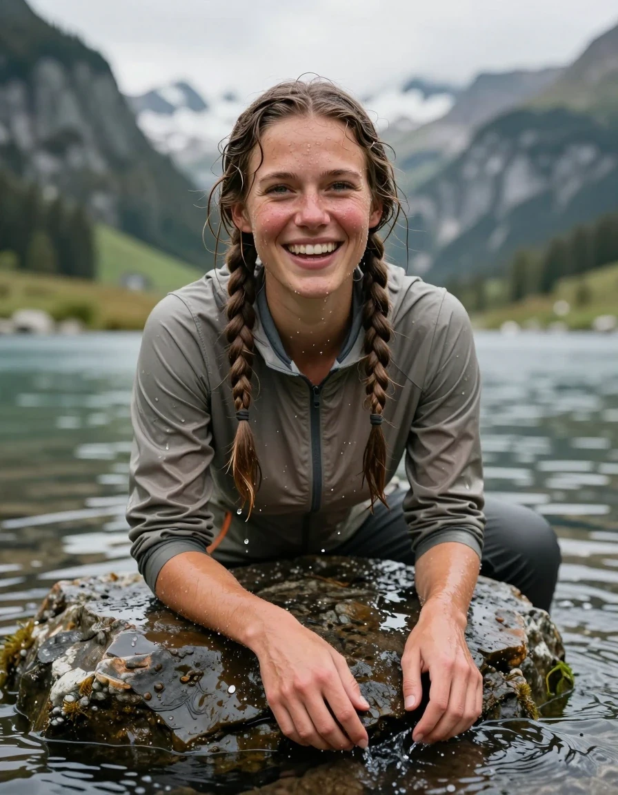 photo of young woman, in soaking wet, drenched clothes,
berg wanderschue, kurzer trecking rock, neckolder treking shirt, klarer see und alpen im hintergrund, 
enjoying, wet clothes stuck to body,
detailed textures of the wet clothes, wet face, wet plastered hair,
wet, drenched, professional, high-quality details, full body view.
sharp focus, ultra-high pixel detail, realistic, high-quality, full colors, incredibly detailed, 4k, 8k, 16k, hyper-realistic, RAW photo, masterpiece, ultra-detailed, professionally color graded, professional photograph, eine frau liegt im flachen wasser eines gebirgsees. die Kleidung ist nass und klebt am körper. die haare sind nass und wasser tropft von den haaren in den see. ihre steifen brustwarzen heben den stoff des oberteils an. die frau lacht ausgelassen in die kammera. ihre haare sind zu zwei zöpfen gepflochten. nordic girl 25 years., wet skin, wet clothes, damp fabric