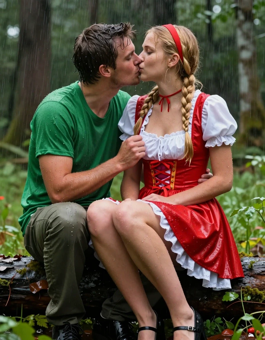 photo of young woman, in soaking wet, drenched clothes,
schwarze Schuhe,, Rotkäppchen Kleid mit Puffärmel, Tiefer grüner Wald, 
enjoying, wet clothes stuck to body,
detailed textures of the wet clothes, wet face, wet plastered hair,
wet, drenched, professional, high-quality details, full body view.
sharp focus, ultra-high pixel detail, realistic, high-quality, full colors, incredibly detailed, 4k, 8k, 16k, hyper-realistic, RAW photo, masterpiece, ultra-detailed, professionally color graded, professional photograph, Fotorealistische Ganzkörperaufnahme eines sehr jungen hübschen Mädchens in einem Rotkäppchen Kleid mit Puffärmel, unter ihrem Kleid trägt sie einen Unterrock aus weißer Seide, sie ist sehr klein und zierlich, sie trägt eine rote Halskette, sie sitzt auf dem Schoss eines jungen Mannes, er ist mit einem grünen T-Shirt und einer grünen Hose bekleidet sie sitzen im starken Regen und werden völlig durchnässt, sie hat blonde lange Zöpfe bis zur Hüfte, sie hatte mittelgroße flache Brüste, im Haar trägt sie ein rotes Haarband, ihr Mund ist dezent rot geschminkt, sie lächelt ihn erregt und einladend an, er küsst sie auf ihre geöffneten Mund und legt eine Hand auf ihren Busen, sie hat einen sinnlichen Gesichtsausdruck. Sie spreizt ihre Beine weit auseinander, so dass ihr weißer Slip sichtbar wird., wet skin, wet clothes, damp fabric