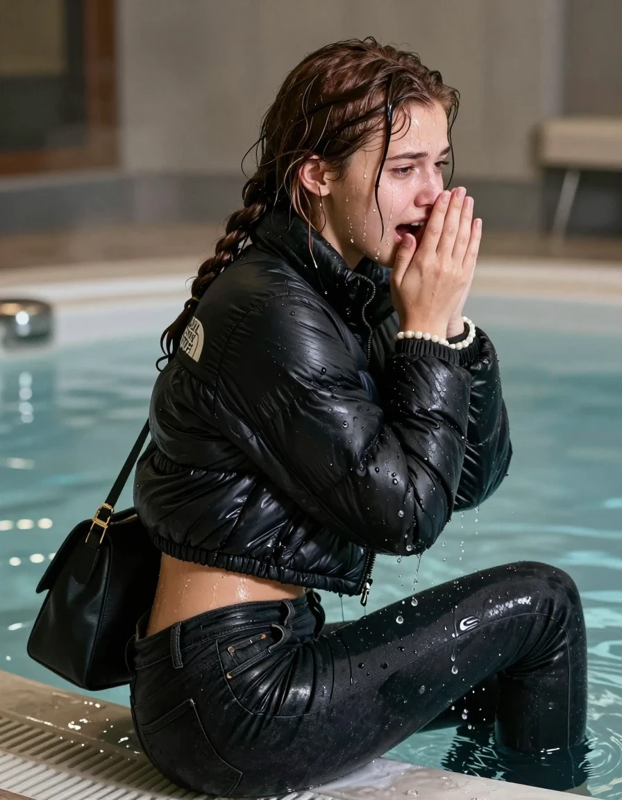photo of young woman, in soaking wet, drenched clothes,
,  Dark levis skinny jeans, Black North face puffer down jacket, Open jacket, tight v-neck sweater belly free, shoulderbag, pearl necklace, bracelet, wristwatch, Steaming indoor jacuzzi , 
enjoying, wet clothes stuck to body,
detailed textures of the wet clothes, wet face, wet plastered hair,
wet, drenched, professional, high-quality details, full body view.
sharp focus, ultra-high pixel detail, realistic, high-quality, full colors, incredibly detailed, 4k, 8k, 16k, hyper-realistic, RAW photo, masterpiece, ultra-detailed, professionally color graded, professional photograph, A realistic vertical fashion photograph taken from a backward, behind-the-back angle of a 15-year-old teenage girl sitting in a steaming indoor jacuzzi, facing away from the camera to show her back. She holds her hands in front of her nose. She is tilting her head at camera, letting the water drench her hair so it is glued flat against her head and body. She has dark auburn pigtails, completely saturated and dripping wet hair, with water cascading down her face and neck, shocked crying and astonished expression. The lighting is bright and cinematic, highlighting the glistening water droplets on her skin and the saturated texture of her  casual clothes.  Open mouth, half closed eyes. 
her clothing is soaking wet and clinging tightly to her skin, showing heavy wet folds, darkened fabric texture, and deep water-saturated Patches, her clothes are heavy from the water, water runs from her body and her clothes in streams. A lot of water also runs out of her clothes. Her clothes are darkened by the water. 
hyper-realistic wetness, high-contrast water sheen, sharp focus, 16k resolution, professional photography, realistic water physics., wet skin, wet clothes, damp fabric, wet skin, wet clothes, damp fabric, wet skin, wet clothes, damp fabric, wet skin, wet clothes, damp fabric, wet skin, wet clothes, damp fabric, wet skin, wet clothes, damp fabric, wet skin, wet clothes, damp fabric, wet skin, wet clothes, damp fabric, wet skin, wet clothes, damp fabric, wet skin, wet clothes, damp fabric, wet skin, wet clothes, damp fabric, wet skin, wet clothes, damp fabric