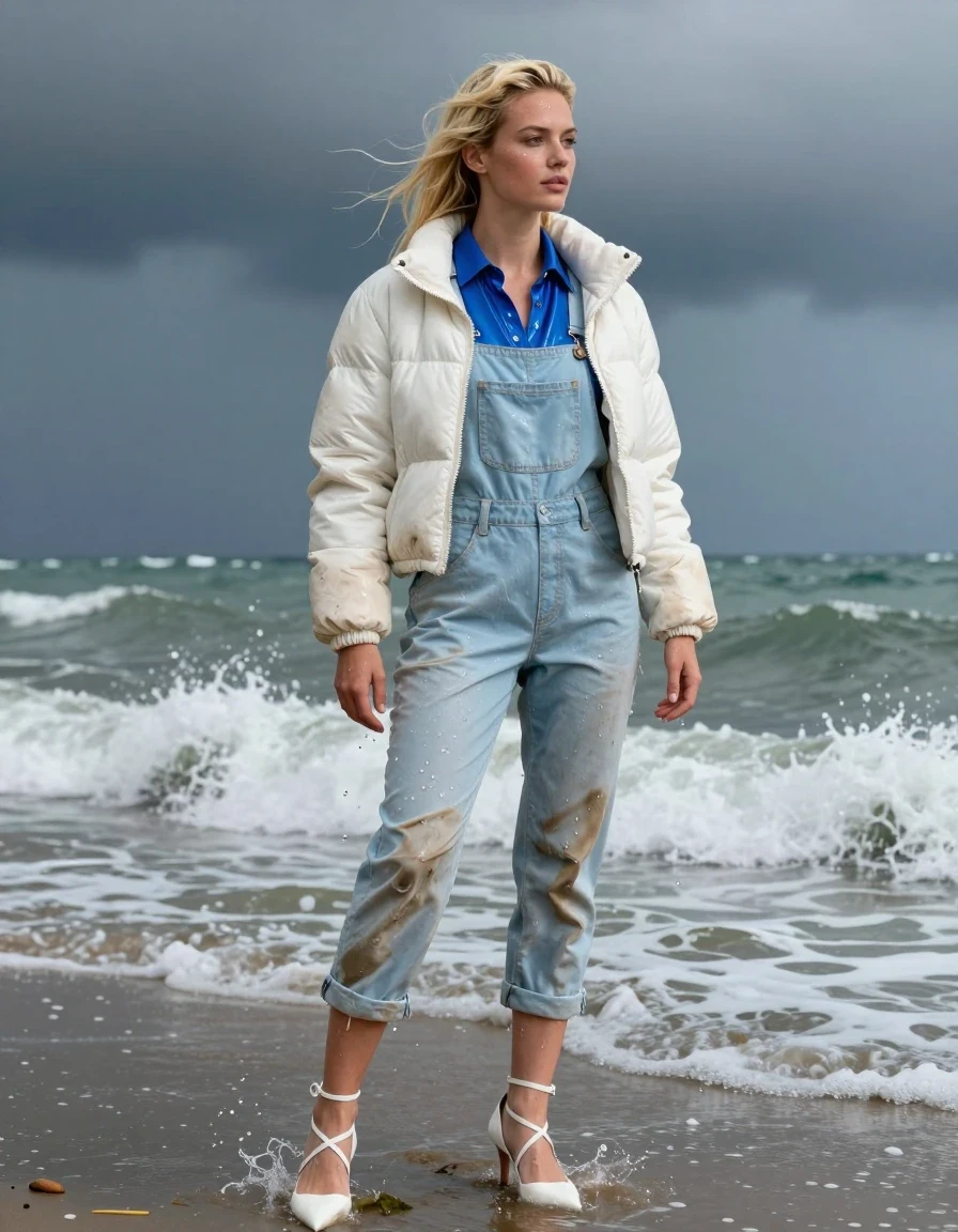 photo of young woman, in soaking wet, drenched clothes,
Strappy white stilettos, Dirty pale blue salopettes, Dirty white puffer jacket , shiny blue shirt , Standing in the surf, 
enjoying, wet clothes stuck to body,
detailed textures of the wet clothes, wet face, wet plastered hair,
wet, drenched, professional, high-quality details, full body view.
sharp focus, ultra-high pixel detail, realistic, high-quality, full colors, incredibly detailed, 4k, 8k, 16k, hyper-realistic, RAW photo, masterpiece, ultra-detailed, professionally color graded, professional photograph, Blonde, in thunder storm, wet skin, wet clothes, damp fabric, wet skin, wet clothes, damp fabric, wet skin, wet clothes, damp fabric