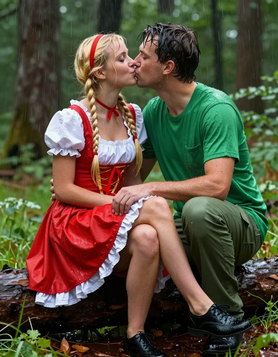 photo of young woman, in soaking wet, drenched clothes,
schwarze Schuhe,, Rotkäppchen Kleid mit Puffärmel, Tiefer grüner Wald, 
enjoying, wet clothes stuck to body,
detailed textures of the wet clothes, wet face, wet plastered hair,
wet, drenched, professional, high-quality details, full body view.
sharp focus, ultra-high pixel detail, realistic, high-quality, full colors, incredibly detailed, 4k, 8k, 16k, hyper-realistic, RAW photo, masterpiece, ultra-detailed, professionally color graded, professional photograph, Fotorealistische Ganzkörperaufnahme eines sehr jungen hübschen Mädchens in einem Rotkäppchen Kleid mit Puffärmel, unter ihrem Kleid trägt sie einen Unterrock aus weißer Seide, sie ist sehr klein und zierlich, sie trägt eine rote Halskette, sie sitzt auf dem Schoss eines jungen Mannes, er ist mit einem grünen T-Shirt und einer grünen Hose bekleidet sie sitzen im starken Regen und werden völlig durchnässt, sie hat blonde lange Zöpfe bis zur Hüfte, sie hatte mittelgroße flache Brüste, im Haar trägt sie ein rotes Haarband, ihr Mund ist dezent rot geschminkt, sie lächelt ihn erregt und einladend an, er küsst sie auf ihre geöffneten Mund und schiebt eine Hand unter ihren Rock, sie hat einen sinnlichen Gesichtsausdruck., wet skin, wet clothes, damp fabric