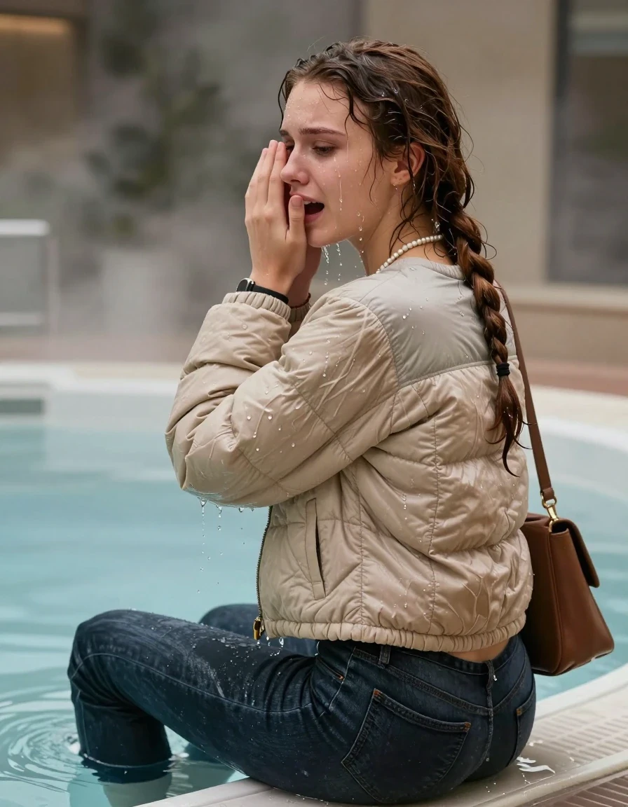 photo of young woman, in soaking wet, drenched clothes,
,  Dark levis skinny jeans, Beige North face puffer down jacket, Open jacket, tight v-neck sweater belly free, shoulderbag, pearl necklace, bracelet, wristwatch, Steaming indoor jacuzzi , 
enjoying, wet clothes stuck to body,
detailed textures of the wet clothes, wet face, wet plastered hair,
wet, drenched, professional, high-quality details, full body view.
sharp focus, ultra-high pixel detail, realistic, high-quality, full colors, incredibly detailed, 4k, 8k, 16k, hyper-realistic, RAW photo, masterpiece, ultra-detailed, professionally color graded, professional photograph, A realistic vertical fashion photograph taken from a backward, behind-the-back angle of a 15-year-old teenage girl sitting in a steaming indoor jacuzzi, facing away from the camera to show her back. She holds her hands over her face. She is tilting her head at camera, letting the water drench her hair so it is glued flat against her head and body. She has dark auburn pigtails, completely saturated and dripping wet hair, with water cascading down her face and neck, crying and astonished expression. The lighting is bright and cinematic, highlighting the glistening water droplets on her skin and the saturated texture of her  casual clothes.  Open mouth, half closed eyes. 
her clothing is soaking wet and clinging tightly to her skin, showing heavy wet folds, darkened fabric texture, and deep water-saturated Patches, her clothes are heavy from the water, water runs from her body and her clothes in streams. A lot of water also runs out of her clothes. Her clothes are darkened by the water. 
hyper-realistic wetness, high-contrast water sheen, sharp focus, 16k resolution, professional photography, realistic water physics., wet skin, wet clothes, damp fabric, wet skin, wet clothes, damp fabric, wet skin, wet clothes, damp fabric, wet skin, wet clothes, damp fabric, wet skin, wet clothes, damp fabric, wet skin, wet clothes, damp fabric, wet skin, wet clothes, damp fabric, wet skin, wet clothes, damp fabric, wet skin, wet clothes, damp fabric, wet skin, wet clothes, damp fabric, wet skin, wet clothes, damp fabric, wet skin, wet clothes, damp fabric