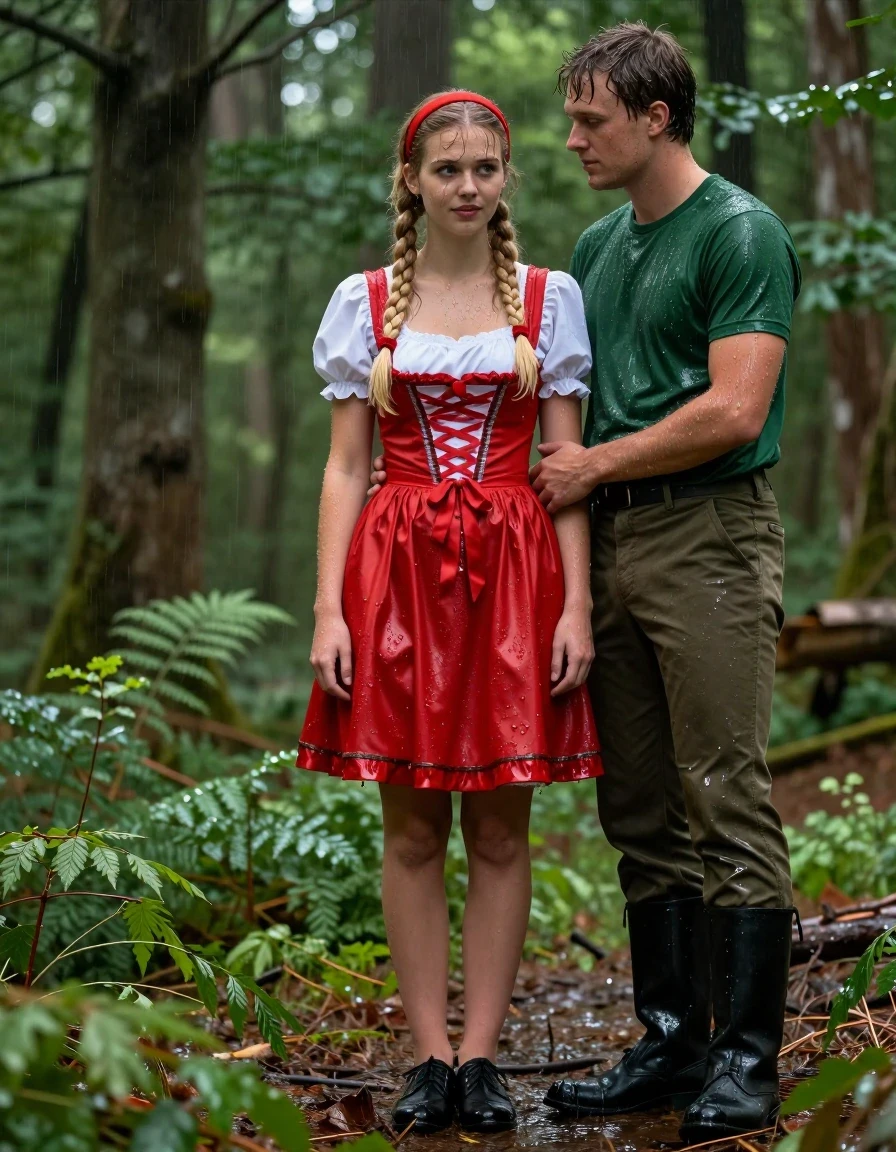 photo of young woman, in soaking wet, drenched clothes,
schwarze Schuhe,, Rotkäppchen Kleid mit Puffärmel, Tiefer grüner Wald, 
enjoying, wet clothes stuck to body,
detailed textures of the wet clothes, wet face, wet plastered hair,
wet, drenched, professional, high-quality details, full body view.
sharp focus, ultra-high pixel detail, realistic, high-quality, full colors, incredibly detailed, 4k, 8k, 16k, hyper-realistic, RAW photo, masterpiece, ultra-detailed, professionally color graded, professional photograph, Fotorealistische Ganzkörperaufnahme eines sehr jungen hübschen Mädchens in einem Rotkäppchen Kleid mit Puffärmel, sie steht im starken Regen ist völlig durchnässt, sie hat blonde lange Zöpfe bis zur Hüfte, im Haar trägt sie ein rotes Haarband, ihr Mund ist dezent rot geschminkt, neben ihr steht ein junger Mann in Försterkleidung mit einer grünen Hose und grünem T-Shirt, er umarmt sie beruhigend., wet skin, wet clothes, damp fabric