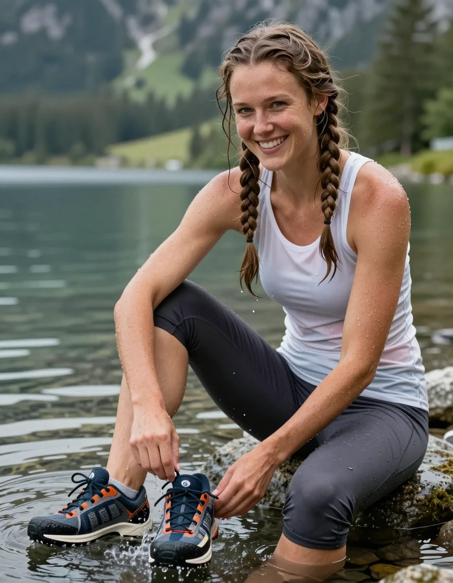 photo of young woman, in soaking wet, drenched clothes,
bergwanderschue, kurze sporthose, ärmelloses sportshirt, klarer gebirgssee , 
enjoying, wet clothes stuck to body,
detailed textures of the wet clothes, wet face, wet plastered hair,
wet, drenched, professional, high-quality details, full body view.
sharp focus, ultra-high pixel detail, realistic, high-quality, full colors, incredibly detailed, 4k, 8k, 16k, hyper-realistic, RAW photo, masterpiece, ultra-detailed, professionally color graded, professional photograph, eine frau sitzt im flachen wasser eines gebirgsees und leert das Wasser aus einem ihrer Schuhe. die Kleidung ist nass und klebt am körper. die haare sind nass und wasser tropft von den haaren in den see. ihre steifen brustwarzen heben den stoff des oberteils an. die frau lacht ausgelassen in die kammera. ihre haare sind zu zwei zöpfen gepflochten. nordic girl 25 years. es ist sonniges wetter, wet skin, wet clothes, damp fabric