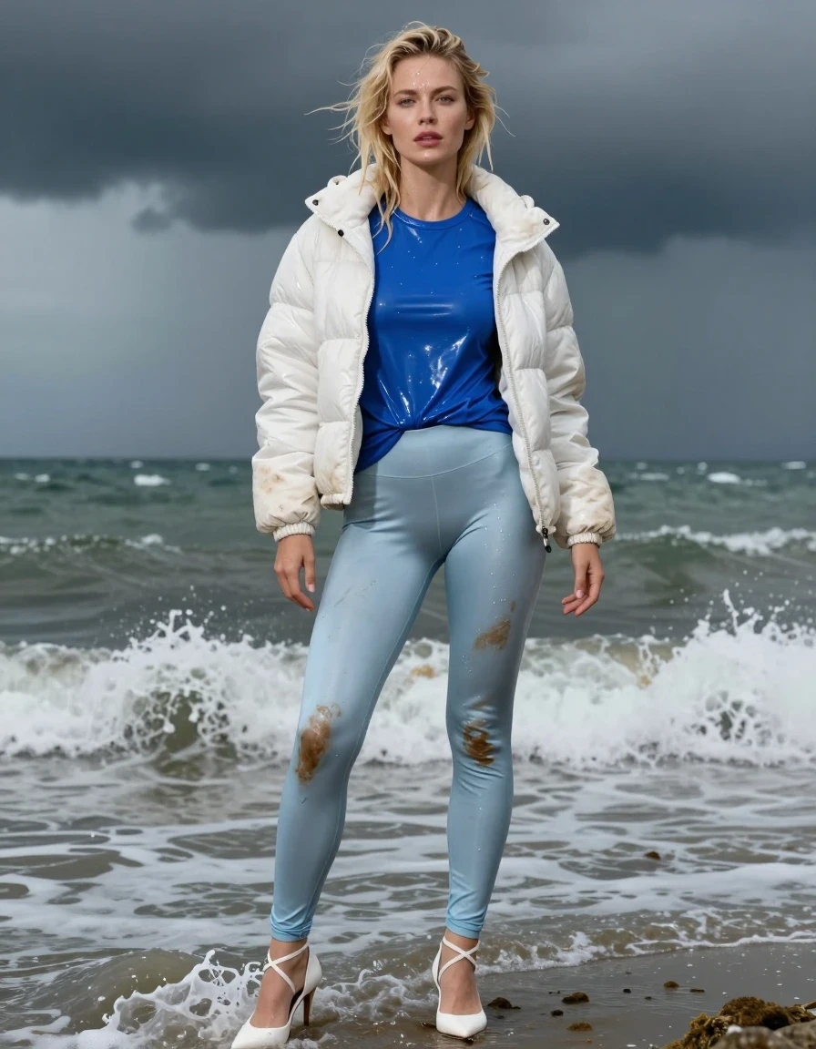 photo of young woman, in soaking wet, drenched clothes,
Strappy white stilettos, Dirty pale blue satin leggings , Very dirty white puffer jacket , shiny blue t-shirt , Standing in the surf, 
enjoying, wet clothes stuck to body,
detailed textures of the wet clothes, wet face, wet plastered hair,
wet, drenched, professional, high-quality details, full body view.
sharp focus, ultra-high pixel detail, realistic, high-quality, full colors, incredibly detailed, 4k, 8k, 16k, hyper-realistic, RAW photo, masterpiece, ultra-detailed, professionally color graded, professional photograph, Blonde, in thunder storm, wet skin, wet clothes, damp fabric, wet skin, wet clothes, damp fabric, wet skin, wet clothes, damp fabric, wet skin, wet clothes, damp fabric