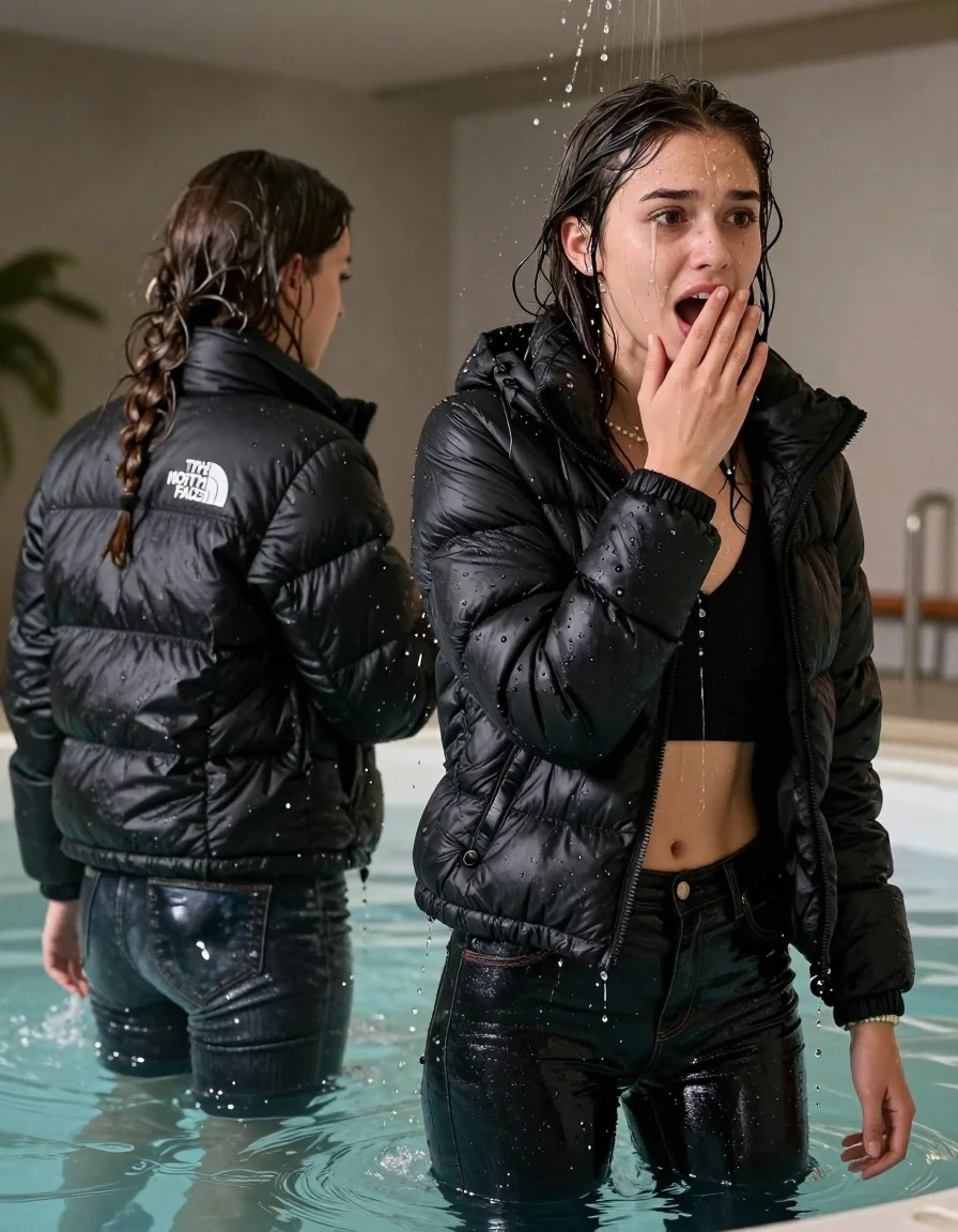 photo of young woman, in soaking wet, drenched clothes,
,  Dark levis skinny jeans, Black North face puffer down jacket, Open jacket, tight v-neck sweater belly free, shoulderbag, pearl necklace, bracelet, wristwatch, Steaming indoor jacuzzi , 
enjoying, wet clothes stuck to body,
detailed textures of the wet clothes, wet face, wet plastered hair,
wet, drenched, professional, high-quality details, full body view.
sharp focus, ultra-high pixel detail, realistic, high-quality, full colors, incredibly detailed, 4k, 8k, 16k, hyper-realistic, RAW photo, masterpiece, ultra-detailed, professionally color graded, professional photograph, A realistic vertical fashion photograph taken from a backward, behind-the-back angle of a 15-year-old teenage girl and her friend sitting in a steaming indoor jacuzzi, facing away from the camera to show her back. She holds her hand in front of her mouth. She is tilting her head at camera, letting the water drench her hair so it is glued flat against her head and body. She has Sleek long straight hair, completely saturated and dripping wet hair, with water cascading down her face and neck, shocked crying and astonished expression. The lighting is bright and cinematic, highlighting the glistening water droplets on her skin and the saturated texture of her  casual clothes.  Open mouth. 
her clothing is soaking wet and clinging tightly to her skin, showing heavy wet folds, darkened fabric texture, and deep water-saturated Patches, her clothes are heavy from the water, water runs from her body and her clothes in streams. A lot of water also runs out of her clothes. Her clothes are darkened by the water. 
hyper-realistic wetness, high-contrast water sheen, sharp focus, 16k resolution, professional photography, realistic water physics., wet skin, wet clothes, damp fabric, wet skin, wet clothes, damp fabric, wet skin, wet clothes, damp fabric, wet skin, wet clothes, damp fabric, wet skin, wet clothes, damp fabric, wet skin, wet clothes, damp fabric, wet skin, wet clothes, damp fabric, wet skin, wet clothes, damp fabric, wet skin, wet clothes, damp fabric, wet skin, wet clothes, damp fabric, wet skin, wet clothes, damp fabric, wet skin, wet clothes, damp fabric