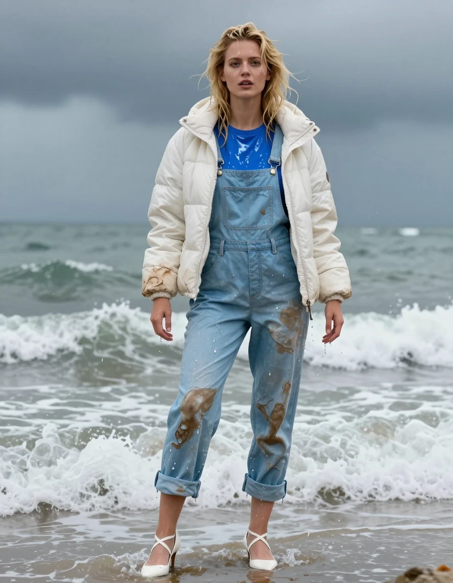 photo of young woman, in soaking wet, drenched clothes,
Strappy white stilettos, Dirty pale blue salopettes, Very dirty white puffer jacket , shiny blue t-shirt , Standing in the surf, 
enjoying, wet clothes stuck to body,
detailed textures of the wet clothes, wet face, wet plastered hair,
wet, drenched, professional, high-quality details, full body view.
sharp focus, ultra-high pixel detail, realistic, high-quality, full colors, incredibly detailed, 4k, 8k, 16k, hyper-realistic, RAW photo, masterpiece, ultra-detailed, professionally color graded, professional photograph, Blonde, in thunder storm, wet skin, wet clothes, damp fabric, wet skin, wet clothes, damp fabric, wet skin, wet clothes, damp fabric
