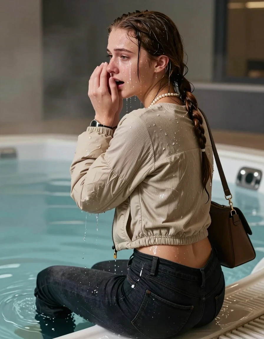 photo of young woman, in soaking wet, drenched clothes,
,  Dark levis skinny jeans, Beige North face puffer down jacket, Open jacket, tight v-neck sweater belly free, shoulderbag, pearl necklace, bracelet, wristwatch, Steaming indoor jacuzzi , 
enjoying, wet clothes stuck to body,
detailed textures of the wet clothes, wet face, wet plastered hair,
wet, drenched, professional, high-quality details, full body view.
sharp focus, ultra-high pixel detail, realistic, high-quality, full colors, incredibly detailed, 4k, 8k, 16k, hyper-realistic, RAW photo, masterpiece, ultra-detailed, professionally color graded, professional photograph, A realistic vertical fashion photograph taken from a backward, behind-the-back angle of a 15-year-old teenage girl sitting in a steaming indoor jacuzzi, facing away from the camera to show her back. She holds her hands in front of her nose. She is tilting her head at camera, letting the water drench her hair so it is glued flat against her head and body. She has dark auburn pigtails, completely saturated and dripping wet hair, with water cascading down her face and neck, crying and astonished expression. The lighting is bright and cinematic, highlighting the glistening water droplets on her skin and the saturated texture of her  casual clothes.  Open mouth, half closed eyes. 
her clothing is soaking wet and clinging tightly to her skin, showing heavy wet folds, darkened fabric texture, and deep water-saturated Patches, her clothes are heavy from the water, water runs from her body and her clothes in streams. A lot of water also runs out of her clothes. Her clothes are darkened by the water. 
hyper-realistic wetness, high-contrast water sheen, sharp focus, 16k resolution, professional photography, realistic water physics., wet skin, wet clothes, damp fabric, wet skin, wet clothes, damp fabric, wet skin, wet clothes, damp fabric, wet skin, wet clothes, damp fabric, wet skin, wet clothes, damp fabric, wet skin, wet clothes, damp fabric, wet skin, wet clothes, damp fabric, wet skin, wet clothes, damp fabric, wet skin, wet clothes, damp fabric, wet skin, wet clothes, damp fabric, wet skin, wet clothes, damp fabric, wet skin, wet clothes, damp fabric