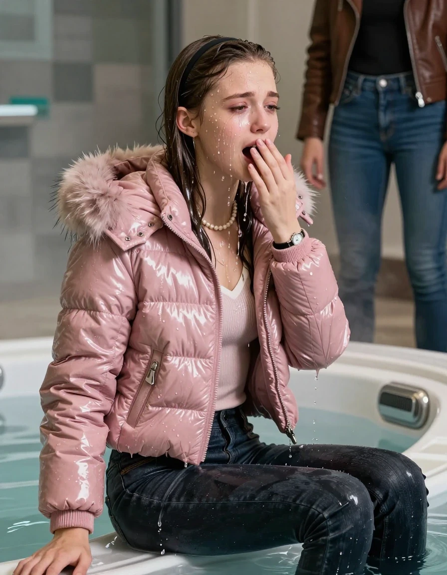 photo of young woman, in soaking wet, drenched clothes,
, Dark skinny jeans, Pink Moncler shiny puffer down jacket with fur, Open jacket, tight v-neck sweater, shoulderbag, pearl necklace, bracelet, wristwatch, Steaming indoor jacuzzi , 
enjoying, wet clothes stuck to body,
detailed textures of the wet clothes, wet face, wet plastered hair,
wet, drenched, professional, high-quality details, full body view.
sharp focus, ultra-high pixel detail, realistic, high-quality, full colors, incredibly detailed, 4k, 8k, 16k, hyper-realistic, RAW photo, masterpiece, ultra-detailed, professionally color graded, professional photograph, A realistic vertical fashion photograph taken from a backward, behind-the-back angle of a 15-year-old teenage girl sitting in a steaming indoor jacuzzi, facing away from the camera to show her back. She hold her hand on her mouth. She is tilting her head at camera, letting the water drench her hair so it is glued flat against her head and body. She has Sleek  straight long hair with hairband, completely saturated and dripping wet hair, with water cascading down her face and neck, crying and astonished expression. The lighting is bright and cinematic, highlighting the glistening water droplets on her skin and the saturated texture of her  casual clothes.  Open mouth, half closed eyes. 
A shocked friend beside her wearing a leatherjacket and skinny jeans watching her.
her clothing is soaking wet and clinging tightly to her skin, showing heavy wet folds, darkened fabric texture, and deep water-saturated Patches, her clothes are heavy from the water, water runs from her body and her clothes in streams. A lot of water also runs out of her clothes. Her clothes are darkened by the water. 
hyper-realistic wetness, high-contrast water sheen, sharp focus, 16k resolution, professional photography, realistic water physics., wet skin, wet clothes, damp fabric, wet skin, wet clothes, damp fabric, wet skin, wet clothes, damp fabric, wet skin, wet clothes, damp fabric, wet skin, wet clothes, damp fabric, wet skin, wet clothes, damp fabric, wet skin, wet clothes, damp fabric, wet skin, wet clothes, damp fabric, wet skin, wet clothes, damp fabric