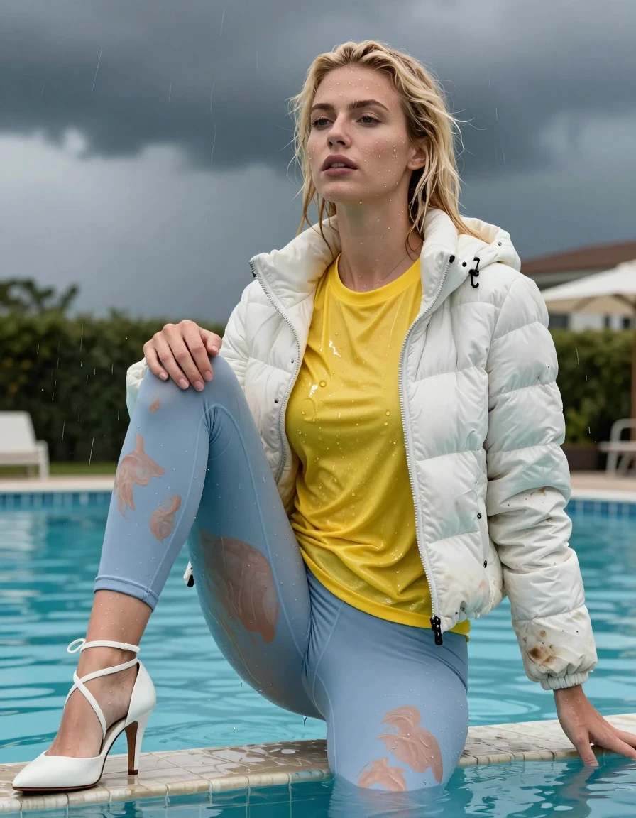 photo of young woman, in soaking wet, drenched clothes,
Strappy white stilettos, Dirty pale blue leggings , Very dirty white puffer jacket , shiny yellow t-shirt , Swimming in pool , 
enjoying, wet clothes stuck to body,
detailed textures of the wet clothes, wet face, wet plastered hair,
wet, drenched, professional, high-quality details, full body view.
sharp focus, ultra-high pixel detail, realistic, high-quality, full colors, incredibly detailed, 4k, 8k, 16k, hyper-realistic, RAW photo, masterpiece, ultra-detailed, professionally color graded, professional photograph, Blonde, in thunder storm, wet skin, wet clothes, damp fabric, wet skin, wet clothes, damp fabric