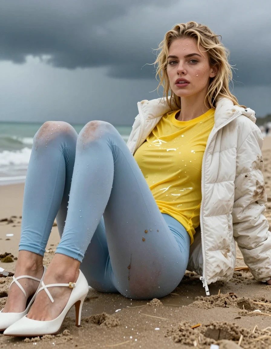 photo of young woman, in soaking wet, drenched clothes,
Strappy white stilettos, Dirty pale blue leggings , Very dirty white puffer jacket , shiny yellow t-shirt , Lying on beach, 
enjoying, wet clothes stuck to body,
detailed textures of the wet clothes, wet face, wet plastered hair,
wet, drenched, professional, high-quality details, full body view.
sharp focus, ultra-high pixel detail, realistic, high-quality, full colors, incredibly detailed, 4k, 8k, 16k, hyper-realistic, RAW photo, masterpiece, ultra-detailed, professionally color graded, professional photograph, Blonde, in thunder storm, wet skin, wet clothes, damp fabric