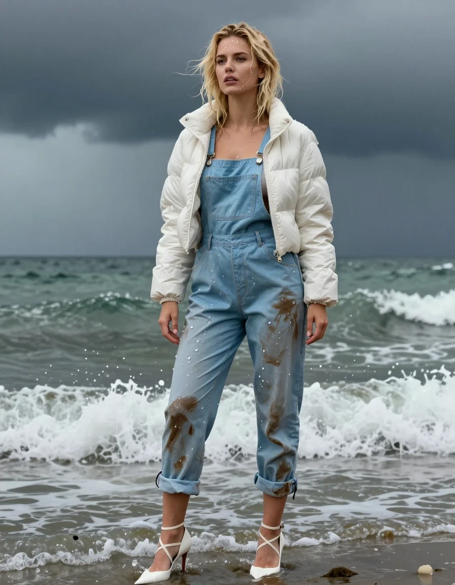 photo of young woman, in soaking wet, drenched clothes,
Strappy white stilettos, Dirty pale blue salopettes, White puffer jacket , Standing in the surf, 
enjoying, wet clothes stuck to body,
detailed textures of the wet clothes, wet face, wet plastered hair,
wet, drenched, professional, high-quality details, full body view.
sharp focus, ultra-high pixel detail, realistic, high-quality, full colors, incredibly detailed, 4k, 8k, 16k, hyper-realistic, RAW photo, masterpiece, ultra-detailed, professionally color graded, professional photograph, Blonde, in thunder storm, wet skin, wet clothes, damp fabric, wet skin, wet clothes, damp fabric, wet skin, wet clothes, damp fabric