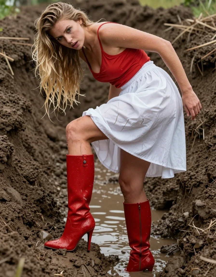 photo of young woman, in soaking wet, drenched clothes,
Red Stiletto Boots , Whitr cotton skirt, Red shirt, Deep muddy ditch, 
enjoying, wet clothes stuck to body,
detailed textures of the wet clothes, wet face, wet plastered hair,
wet, drenched, professional, high-quality details, full body view.
sharp focus, ultra-high pixel detail, realistic, high-quality, full colors, incredibly detailed, 4k, 8k, 16k, hyper-realistic, RAW photo, masterpiece, ultra-detailed, professionally color graded, professional photograph, Really Muddy boots and skirt Long blonde hair looking at me
Waist deep in the mud, wet skin, wet clothes, damp fabric