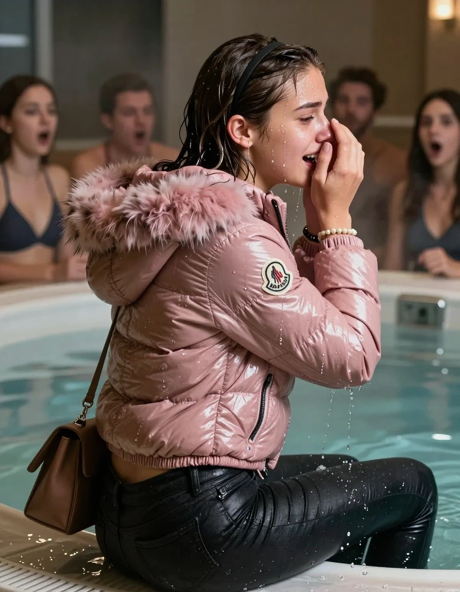 photo of young woman, in soaking wet, drenched clothes,
, Dark skinny jeans, Pink Moncler shiny puffer down jacket with fur, Open jacket, tight v-neck sweater, shoulderbag, pearl necklace, bracelet, wristwatch, Steaming indoor jacuzzi , 
enjoying, wet clothes stuck to body,
detailed textures of the wet clothes, wet face, wet plastered hair,
wet, drenched, professional, high-quality details, full body view.
sharp focus, ultra-high pixel detail, realistic, high-quality, full colors, incredibly detailed, 4k, 8k, 16k, hyper-realistic, RAW photo, masterpiece, ultra-detailed, professionally color graded, professional photograph, A realistic vertical fashion photograph taken from a backward, behind-the-back angle of a 15-year-old teenage girl sitting in a steaming indoor jacuzzi, facing away from the camera to show her back. She cover her nose with her hand. She is tilting her head back, letting the water drench her hair so it is glued flat against her head and body. She has Sleek  straight long hair with hairband, completely saturated and dripping wet hair, with water cascading down her face and neck, crying and astonished expression. The lighting is bright and cinematic, highlighting the glistening water droplets on her skin and the saturated texture of her  casual clothes.  Open mouth, half closed eyes. 
A group of friends in the background looking shocked at her.
her clothing is soaking wet and clinging tightly to her skin, showing heavy wet folds, darkened fabric texture, and deep water-saturated Patches, her clothes are heavy from the water, water runs from her body and her clothes in streams. A lot of water also runs out of her clothes. Her clothes are darkened by the water. 
hyper-realistic wetness, high-contrast water sheen, sharp focus, 16k resolution, professional photography, realistic water physics., wet skin, wet clothes, damp fabric, wet skin, wet clothes, damp fabric, wet skin, wet clothes, damp fabric, wet skin, wet clothes, damp fabric, wet skin, wet clothes, damp fabric, wet skin, wet clothes, damp fabric, wet skin, wet clothes, damp fabric, wet skin, wet clothes, damp fabric, wet skin, wet clothes, damp fabric