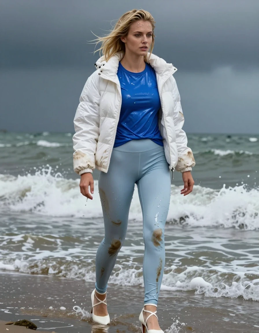 photo of young woman, in soaking wet, drenched clothes,
Strappy white stilettos, Dirty pale blue satin leggings , Very dirty white puffer jacket , shiny blue t-shirt , Standing in the surf, 
enjoying, wet clothes stuck to body,
detailed textures of the wet clothes, wet face, wet plastered hair,
wet, drenched, professional, high-quality details, full body view.
sharp focus, ultra-high pixel detail, realistic, high-quality, full colors, incredibly detailed, 4k, 8k, 16k, hyper-realistic, RAW photo, masterpiece, ultra-detailed, professionally color graded, professional photograph, Blonde, in thunder storm, wet skin, wet clothes, damp fabric, wet skin, wet clothes, damp fabric, wet skin, wet clothes, damp fabric, wet skin, wet clothes, damp fabric