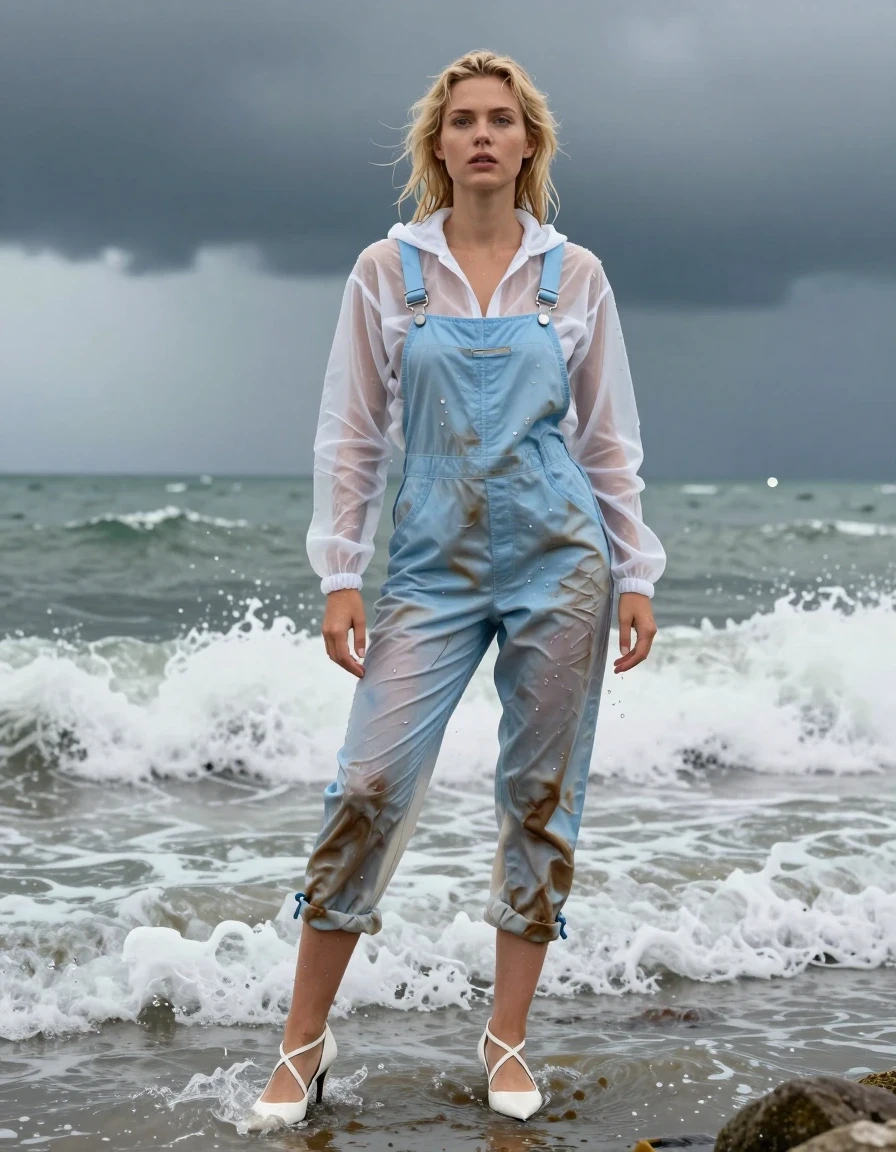 photo of young woman, in soaking wet, drenched clothes,
Strappy white stilettos, Dirty pale blue salopettes, Transparent White ski jacket , Standing in the surf, 
enjoying, wet clothes stuck to body,
detailed textures of the wet clothes, wet face, wet plastered hair,
wet, drenched, professional, high-quality details, full body view.
sharp focus, ultra-high pixel detail, realistic, high-quality, full colors, incredibly detailed, 4k, 8k, 16k, hyper-realistic, RAW photo, masterpiece, ultra-detailed, professionally color graded, professional photograph, Blonde, in thunder storm, wet skin, wet clothes, damp fabric, wet skin, wet clothes, damp fabric, wet skin, wet clothes, damp fabric