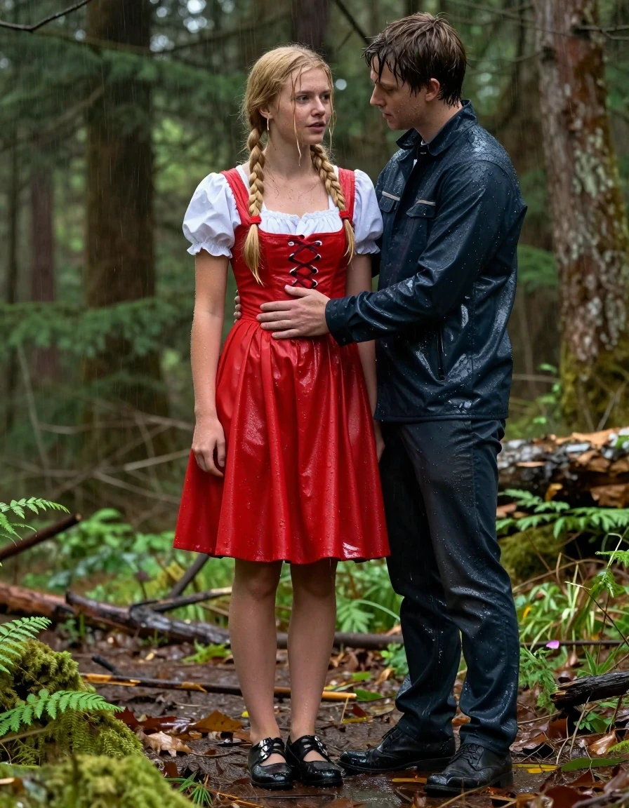 photo of young woman, in soaking wet, drenched clothes,
schwarze Schuhe,, Rotkäppchen Kleid mit Puffärmel, Tiefer grüner Wald, 
enjoying, wet clothes stuck to body,
detailed textures of the wet clothes, wet face, wet plastered hair,
wet, drenched, professional, high-quality details, full body view.
sharp focus, ultra-high pixel detail, realistic, high-quality, full colors, incredibly detailed, 4k, 8k, 16k, hyper-realistic, RAW photo, masterpiece, ultra-detailed, professionally color graded, professional photograph, Fotorealistische Ganzkörperaufnahme eines sehr jungen hübschen Mädchens in einem Rotkäppchen Kleid mit Puffärmel, sie steht im starken Regen ist völlig durchnässt, sie hat blonde lange Zöpfe bis zur Hüfte, neben ihr steht ein junger Förster und umarmt sie beruhigend., wet skin, wet clothes, damp fabric