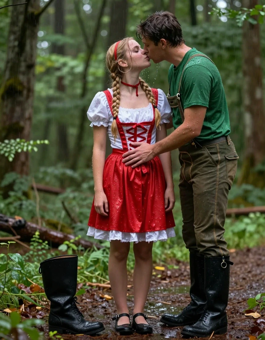 photo of young woman, in soaking wet, drenched clothes,
schwarze Schuhe,, Rotkäppchen Kleid mit Puffärmel, Tiefer grüner Wald, 
enjoying, wet clothes stuck to body,
detailed textures of the wet clothes, wet face, wet plastered hair,
wet, drenched, professional, high-quality details, full body view.
sharp focus, ultra-high pixel detail, realistic, high-quality, full colors, incredibly detailed, 4k, 8k, 16k, hyper-realistic, RAW photo, masterpiece, ultra-detailed, professionally color graded, professional photograph, Fotorealistische Ganzkörperaufnahme eines sehr jungen hübschen Mädchens in einem Rotkäppchen Kleid mit Puffärmel, unter ihrem Kleid trägt sie einen Unterrock aus weißer Seide, sie ist sehr klein und zierlich, sie trägt eine rote Halskette, sie steht im starken Regen ist völlig durchnässt, sie hat blonde lange Zöpfe bis zur Hüfte, im Haar trägt sie ein rotes Haarband, ihr Mund ist dezent rot geschminkt, neben ihr steht ein junger Mann in Försterkleidung mit einer grünen Hose und grünem T-Shirt, er umarmt sie und sie lächelt ihn erregt und einladend an, er legt eine Hand auf ihren Bauch und küsst sie zärtlich auf ihren Mund., wet skin, wet clothes, damp fabric