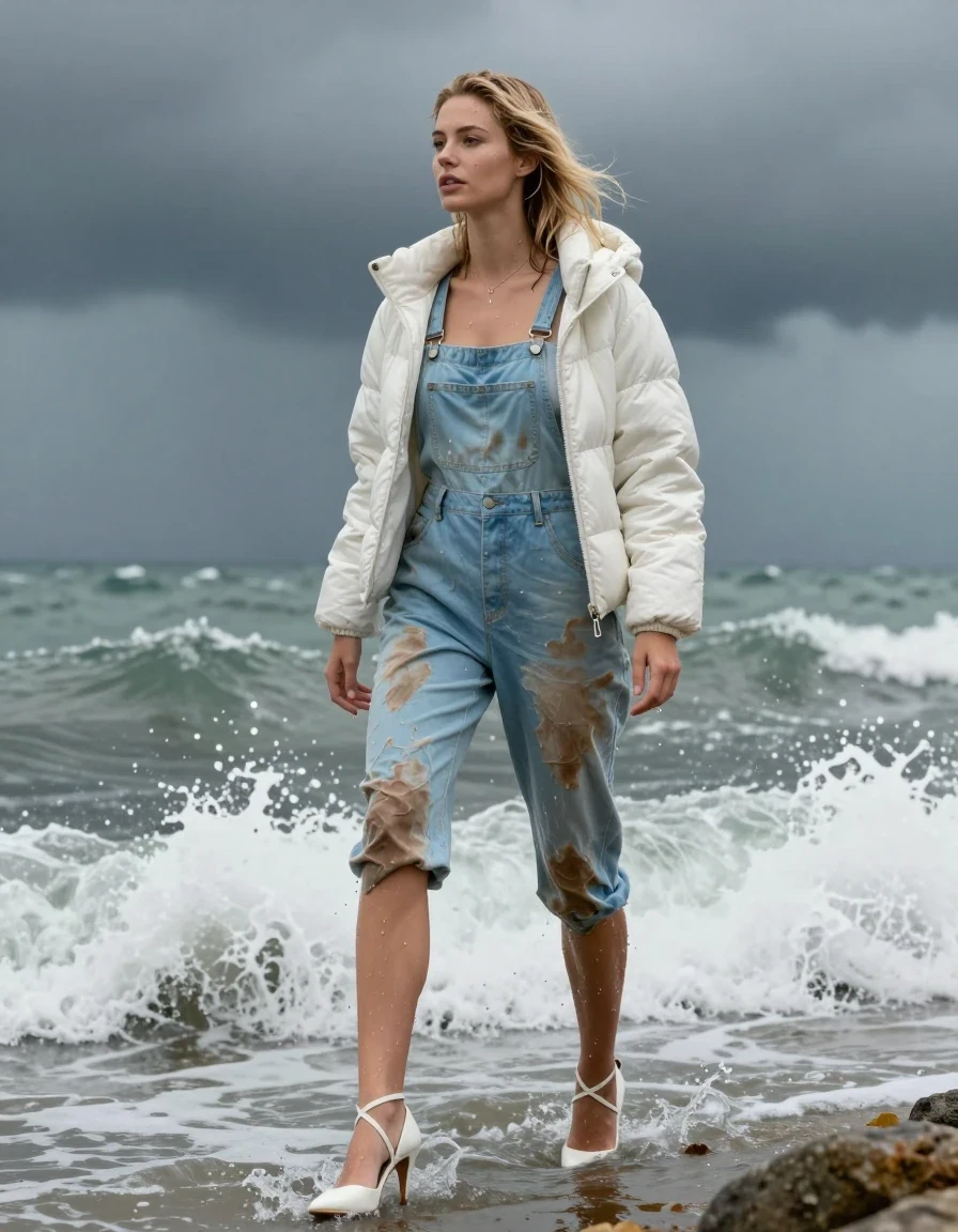 photo of young woman, in soaking wet, drenched clothes,
Strappy white stilettos, Dirty pale blue salopettes, White puffer jacket , Standing in the surf, 
enjoying, wet clothes stuck to body,
detailed textures of the wet clothes, wet face, wet plastered hair,
wet, drenched, professional, high-quality details, full body view.
sharp focus, ultra-high pixel detail, realistic, high-quality, full colors, incredibly detailed, 4k, 8k, 16k, hyper-realistic, RAW photo, masterpiece, ultra-detailed, professionally color graded, professional photograph, Blonde, in thunder storm, wet skin, wet clothes, damp fabric, wet skin, wet clothes, damp fabric, wet skin, wet clothes, damp fabric