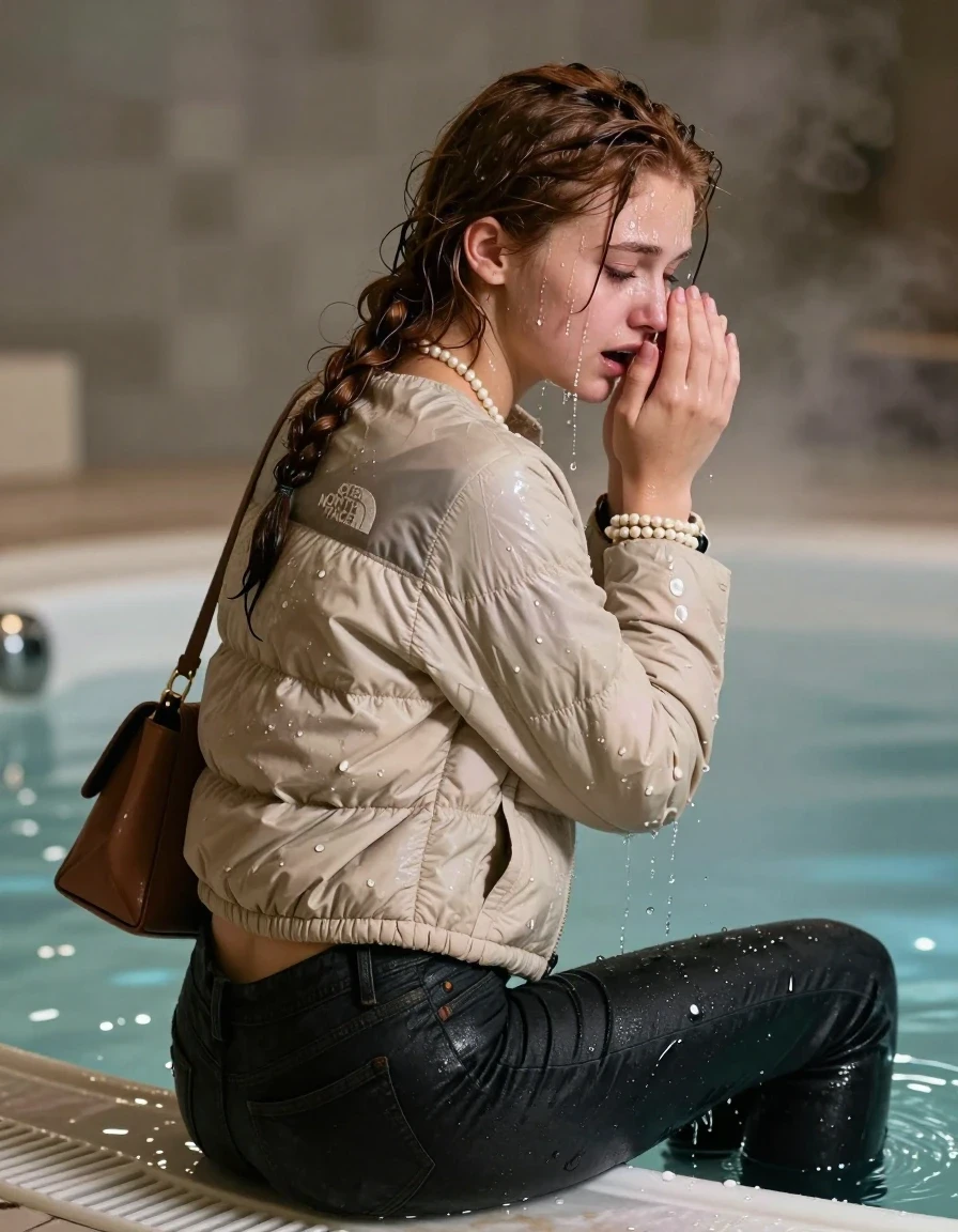 photo of young woman, in soaking wet, drenched clothes,
,  Dark levis skinny jeans, Beige North face puffer down jacket, Open jacket, tight v-neck sweater belly free, shoulderbag, pearl necklace, bracelet, wristwatch, Steaming indoor jacuzzi , 
enjoying, wet clothes stuck to body,
detailed textures of the wet clothes, wet face, wet plastered hair,
wet, drenched, professional, high-quality details, full body view.
sharp focus, ultra-high pixel detail, realistic, high-quality, full colors, incredibly detailed, 4k, 8k, 16k, hyper-realistic, RAW photo, masterpiece, ultra-detailed, professionally color graded, professional photograph, A realistic vertical fashion photograph taken from a backward, behind-the-back angle of a 15-year-old teenage girl sitting in a steaming indoor jacuzzi, facing away from the camera to show her back. She holds her hands in front of her nose. She is tilting her head at camera, letting the water drench her hair so it is glued flat against her head and body. She has dark auburn pigtails, completely saturated and dripping wet hair, with water cascading down her face and neck, crying and astonished expression. The lighting is bright and cinematic, highlighting the glistening water droplets on her skin and the saturated texture of her  casual clothes.  Open mouth, half closed eyes. 
her clothing is soaking wet and clinging tightly to her skin, showing heavy wet folds, darkened fabric texture, and deep water-saturated Patches, her clothes are heavy from the water, water runs from her body and her clothes in streams. A lot of water also runs out of her clothes. Her clothes are darkened by the water. 
hyper-realistic wetness, high-contrast water sheen, sharp focus, 16k resolution, professional photography, realistic water physics., wet skin, wet clothes, damp fabric, wet skin, wet clothes, damp fabric, wet skin, wet clothes, damp fabric, wet skin, wet clothes, damp fabric, wet skin, wet clothes, damp fabric, wet skin, wet clothes, damp fabric, wet skin, wet clothes, damp fabric, wet skin, wet clothes, damp fabric, wet skin, wet clothes, damp fabric, wet skin, wet clothes, damp fabric, wet skin, wet clothes, damp fabric, wet skin, wet clothes, damp fabric