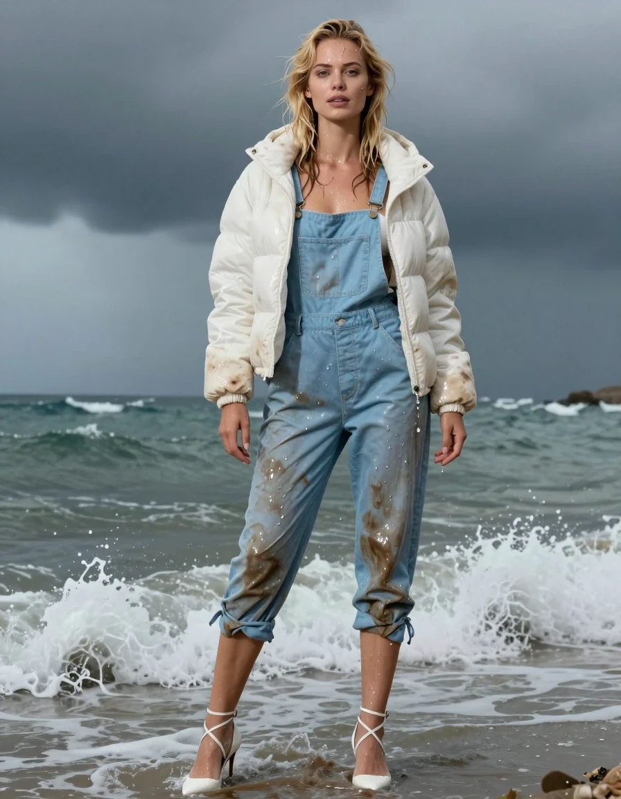 photo of young woman, in soaking wet, drenched clothes,
Strappy white stilettos, Dirty pale blue salopettes, Dirty white puffer jacket , Standing in the surf, 
enjoying, wet clothes stuck to body,
detailed textures of the wet clothes, wet face, wet plastered hair,
wet, drenched, professional, high-quality details, full body view.
sharp focus, ultra-high pixel detail, realistic, high-quality, full colors, incredibly detailed, 4k, 8k, 16k, hyper-realistic, RAW photo, masterpiece, ultra-detailed, professionally color graded, professional photograph, Blonde, in thunder storm, wet skin, wet clothes, damp fabric, wet skin, wet clothes, damp fabric, wet skin, wet clothes, damp fabric