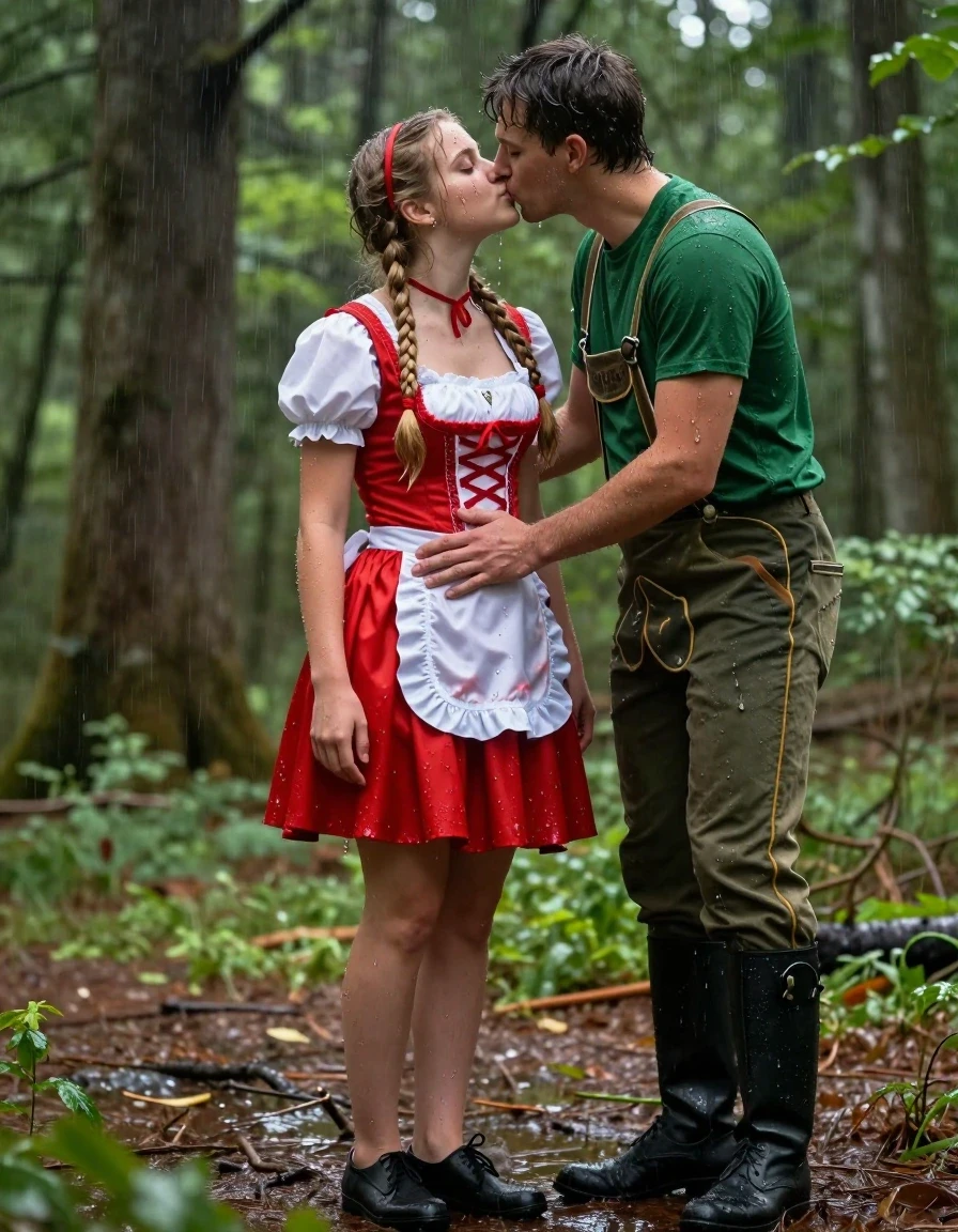 photo of young woman, in soaking wet, drenched clothes,
schwarze Schuhe,, Rotkäppchen Kleid mit Puffärmel, Tiefer grüner Wald, 
enjoying, wet clothes stuck to body,
detailed textures of the wet clothes, wet face, wet plastered hair,
wet, drenched, professional, high-quality details, full body view.
sharp focus, ultra-high pixel detail, realistic, high-quality, full colors, incredibly detailed, 4k, 8k, 16k, hyper-realistic, RAW photo, masterpiece, ultra-detailed, professionally color graded, professional photograph, Fotorealistische Ganzkörperaufnahme eines sehr jungen hübschen Mädchens in einem Rotkäppchen Kleid mit Puffärmel, unter ihrem Kleid trägt sie einen Unterrock aus weißer Seide, sie ist sehr klein und zierlich, sie trägt eine rote Halskette, sie steht im starken Regen ist völlig durchnässt, sie hat blonde lange Zöpfe bis zur Hüfte, im Haar trägt sie ein rotes Haarband, ihr Mund ist dezent rot geschminkt, neben ihr steht ein junger Mann in Försterkleidung mit einer grünen Hose und grünem T-Shirt, er umarmt sie und sie lächelt ihn erregt und einladend an, er legt eine Hand auf ihren Bauch und küsst sie zärtlich auf ihren Mund., wet skin, wet clothes, damp fabric